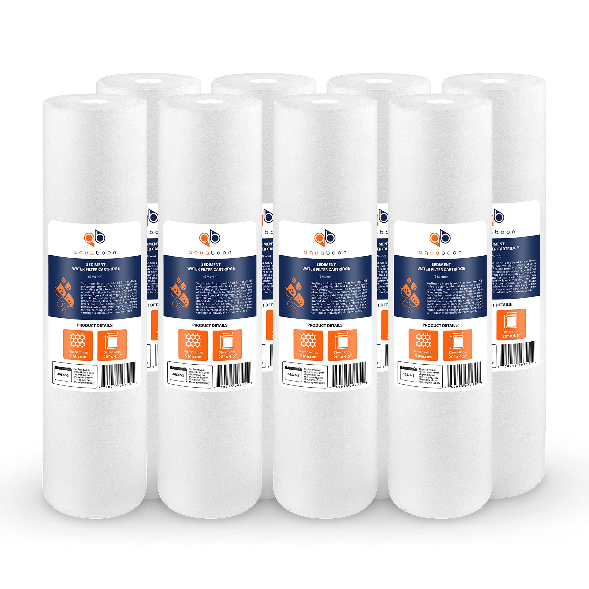 Aquaboon 5 Micron 20 x 4.5 Whole House Sediment Filter Cartridge 20 inch Water Filter Replacement Compatible with DGD-5005-20, FP25B, AP810-2, 8-Pack