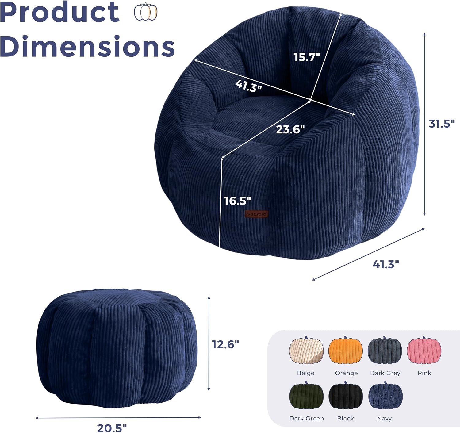 MAXYOYO Giant Bean Bag Chair with Ottoman, Pumpkin-Shaped Bean Bag Sofa with Footstool, Oversized Boneless Couch Chair in a Box, Comfy and Lazy Lounge for Dorm, Living Room, Bedroom, Navy