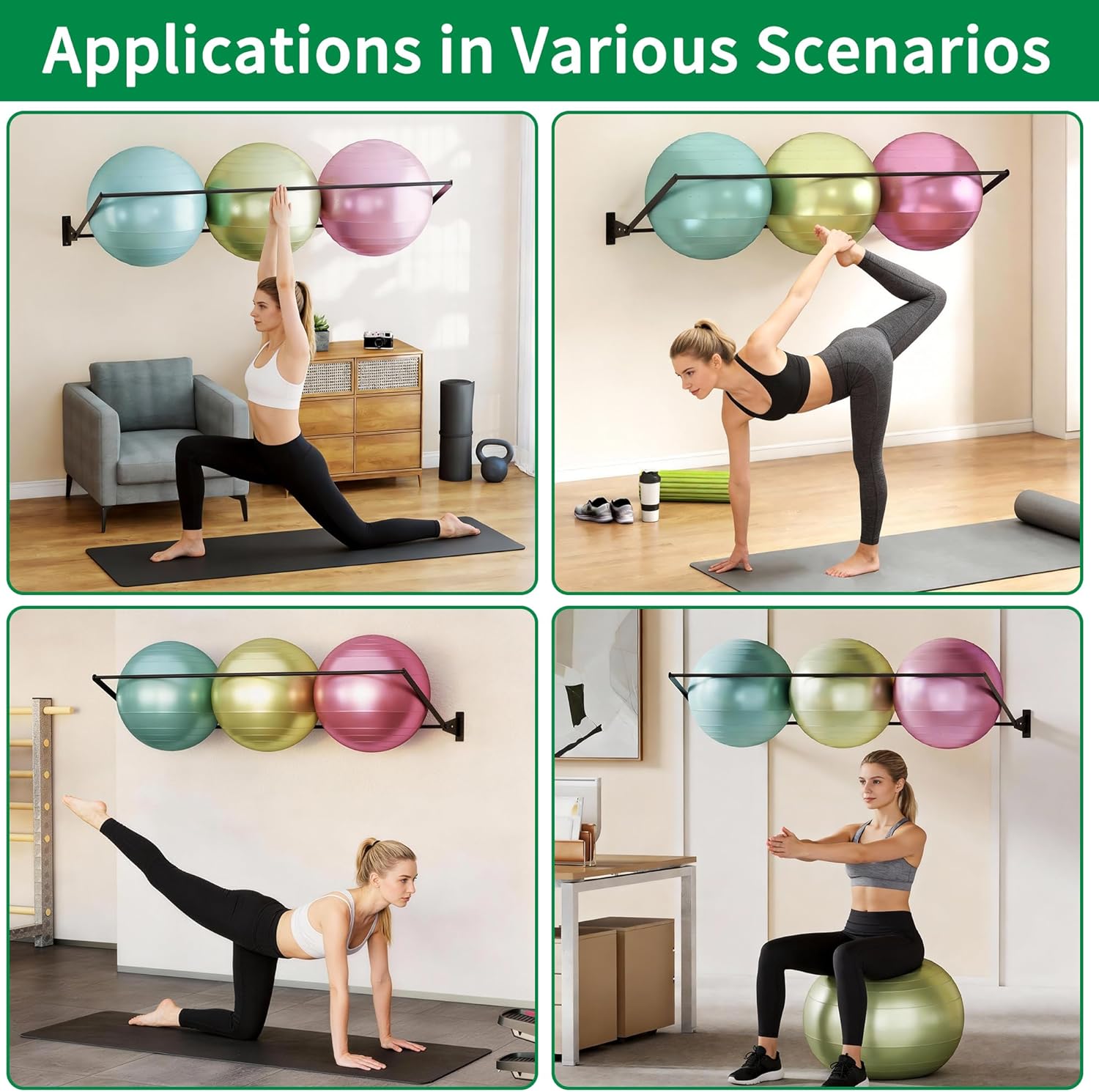 tonchean Wall Mount Exercise Ball Holder 5FT Heavy Duty Yoga Storage Ball Rack Large Medicine Ball Rack, Hold Up to 3PCS 25.6in Yoga Balls, Suitable for Gym, Garage, Home