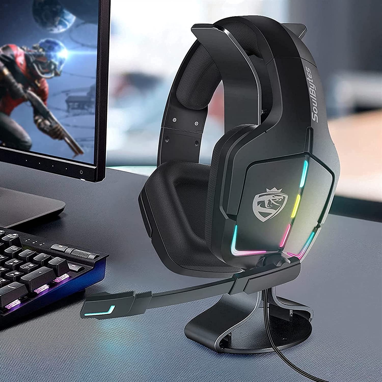 RajoNN Auriculares para Juegos PS4 Auriculares Xbox One con Sonido Envolvente 7.1, micrófono con cancelación de Ruido y luz LED, Compatible con Xbox One, PS3, PS4, PS5, PC