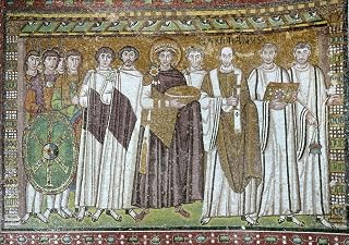 Justinian I (483-565) Nemperor Of The Byzentine Empire 527-565Nemperor Justinian The Great And His Court Mid-6Th Century Byzantine Mosaic From San Vitale Ravenna Poster Print by (24 x 36)