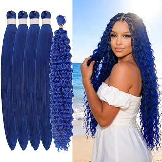 Blue Boho Braiding Hair Pre stretched Curly Deep Wave Bohemian Braids Prestretched Braiding Hair Extensions Hypoallergenic Ez Braid Non Toxic Synthetic Knotless Fulani