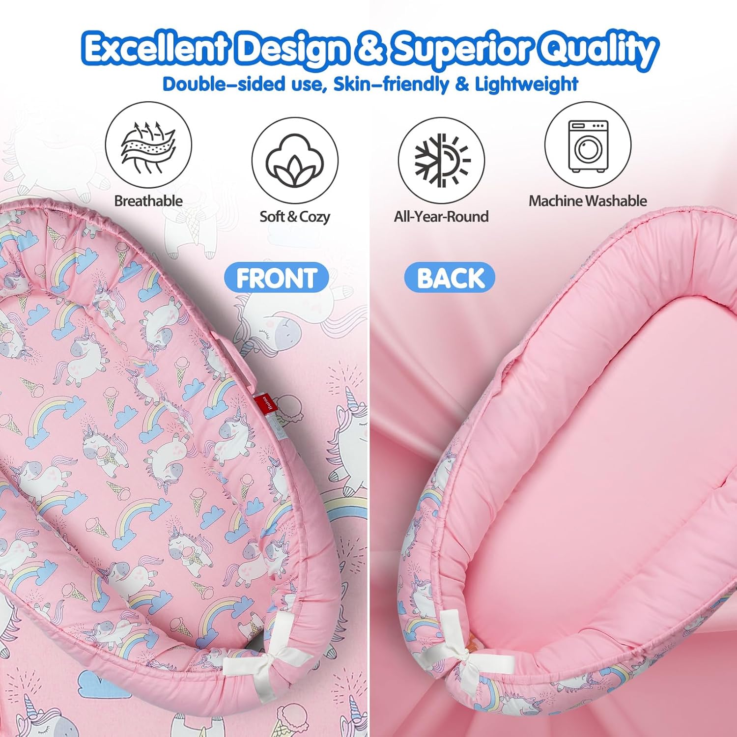 Baby Lounger - Breathable & Soft Baby Nest, Portable and Lightweight Tummy Time Lounger for Home and Travel, Ideal Newborn Babies Essentials Baby Shower Gifts - Image 4