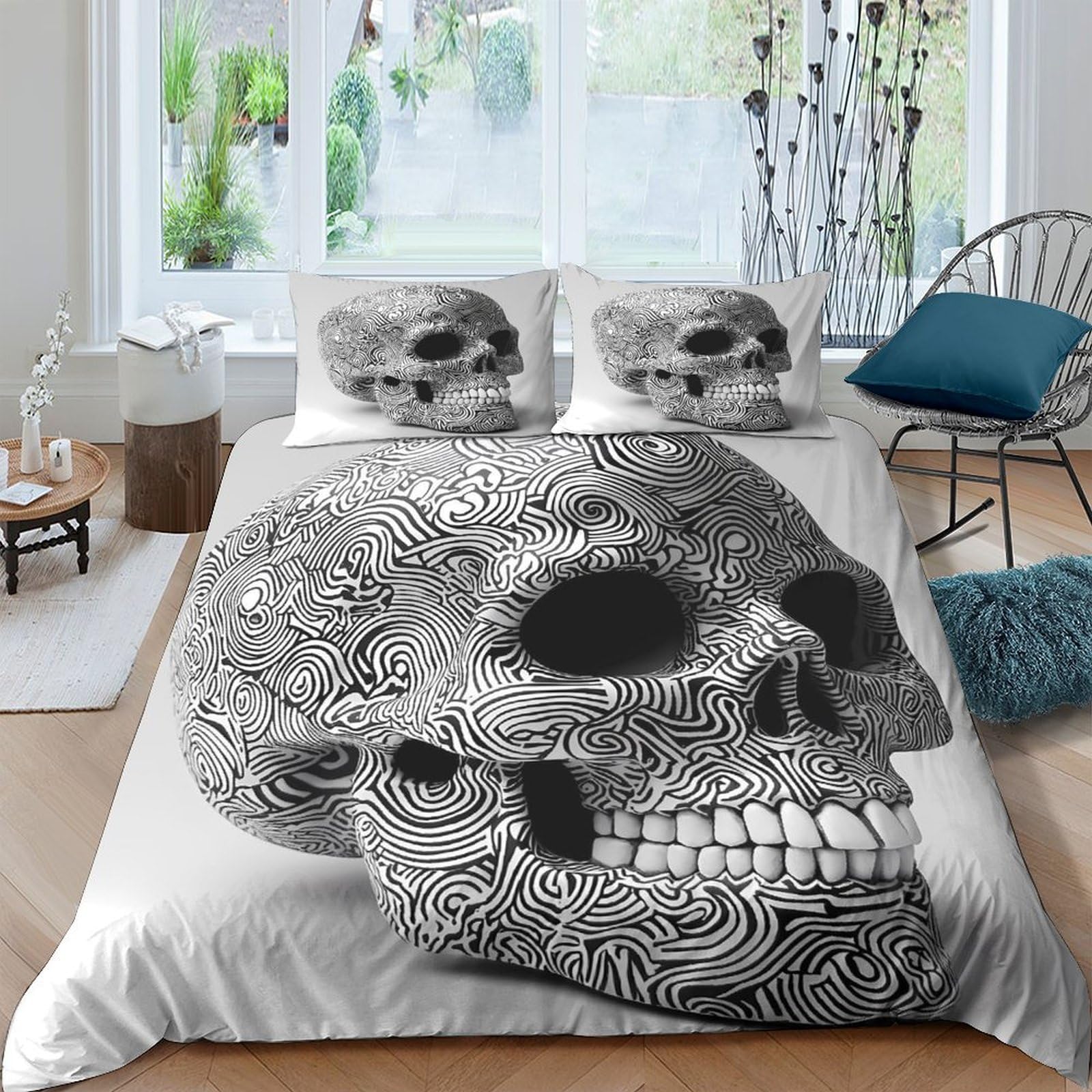 Ctjqhvkz Style-1 3D Printed Skull Art Fitted Sheet Microfiber Black White Tattoo Pattern Bed Cover Anti-Slip Machine Washable For Bedroom Guest Room Single（135X200cm）