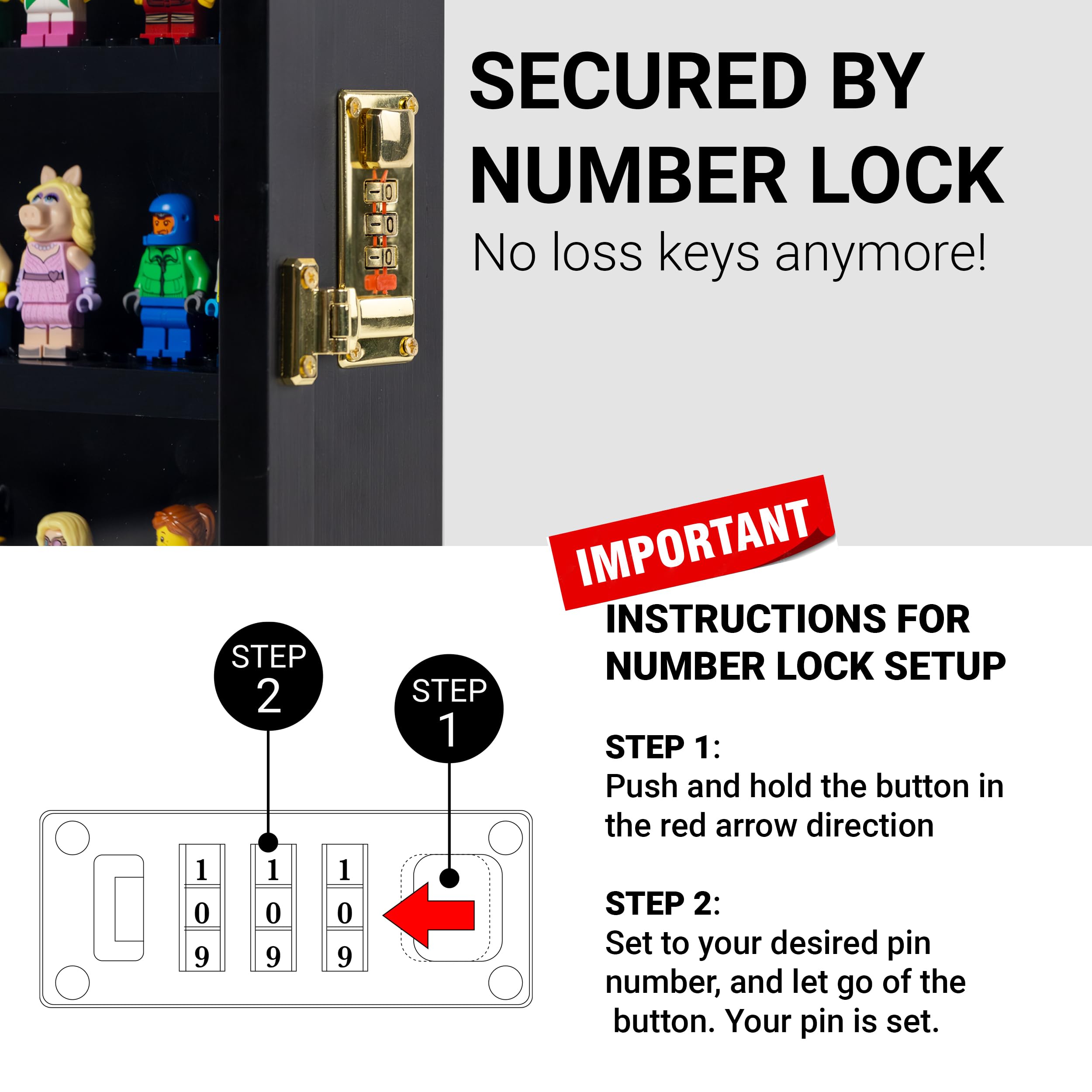 Minifigure Display Case, Lego Building Block Toy Miniature Action Figure Display Case for Lego Mini Figure Display Case Minifig Display Case Mini Figure Display Cabinet, Number Lock (Pine)