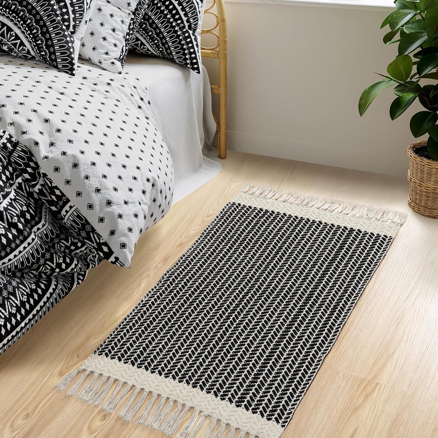 Lahome Boho Bathroom Rugs, Small 2x3 Front Door Mat Lightweight Kitchen Rug Woven Cotton Area Rug with Tassels, Farmhouse Washable Black and White Throw Rug Low Pile Carpet for Entry Laundry - Image 8