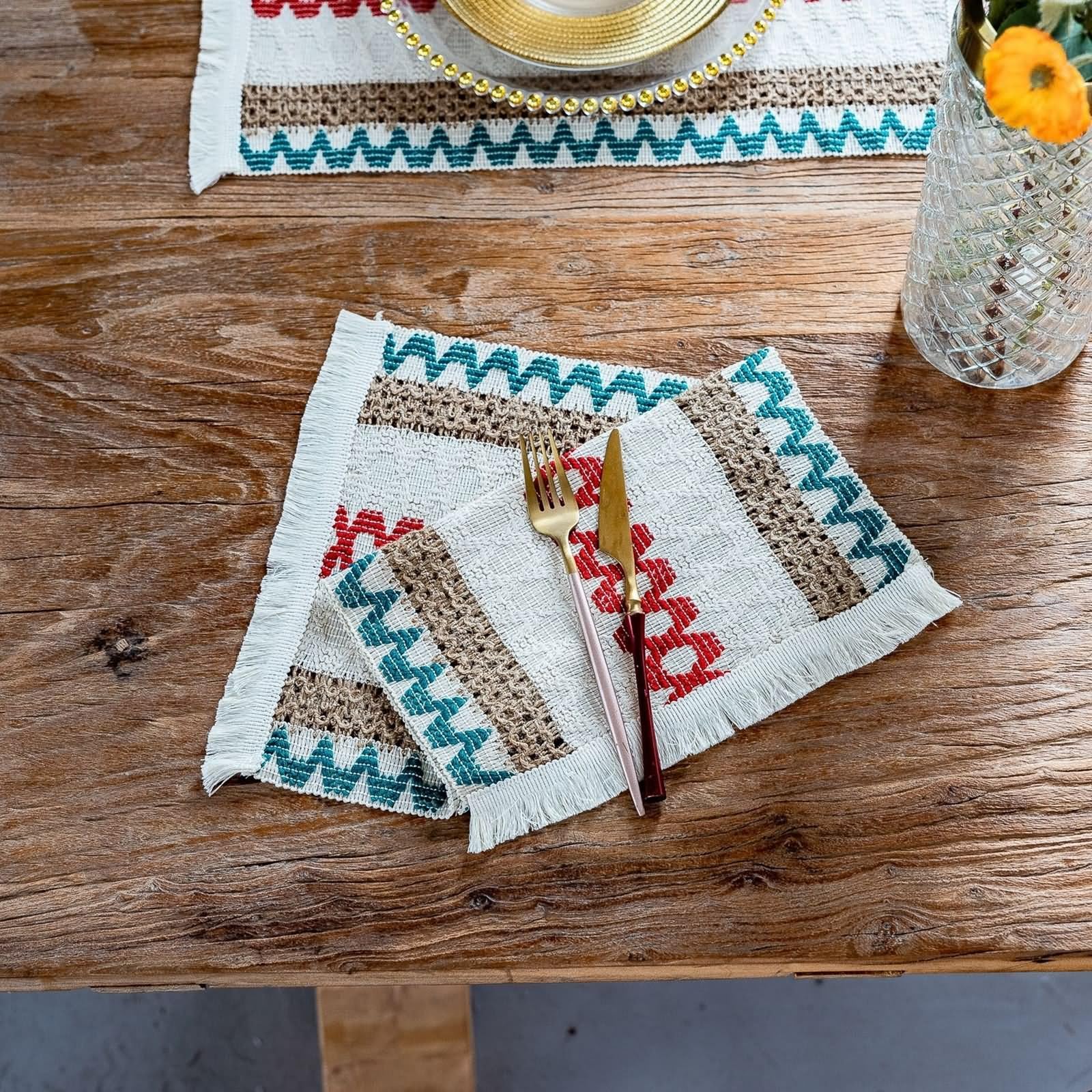 Tischset Vintage 4er Set, Platzsets Landhausstil 30x50cm Geometrisches Streifenmuster mit Quasten Baumwolle Leinen Blau Rot