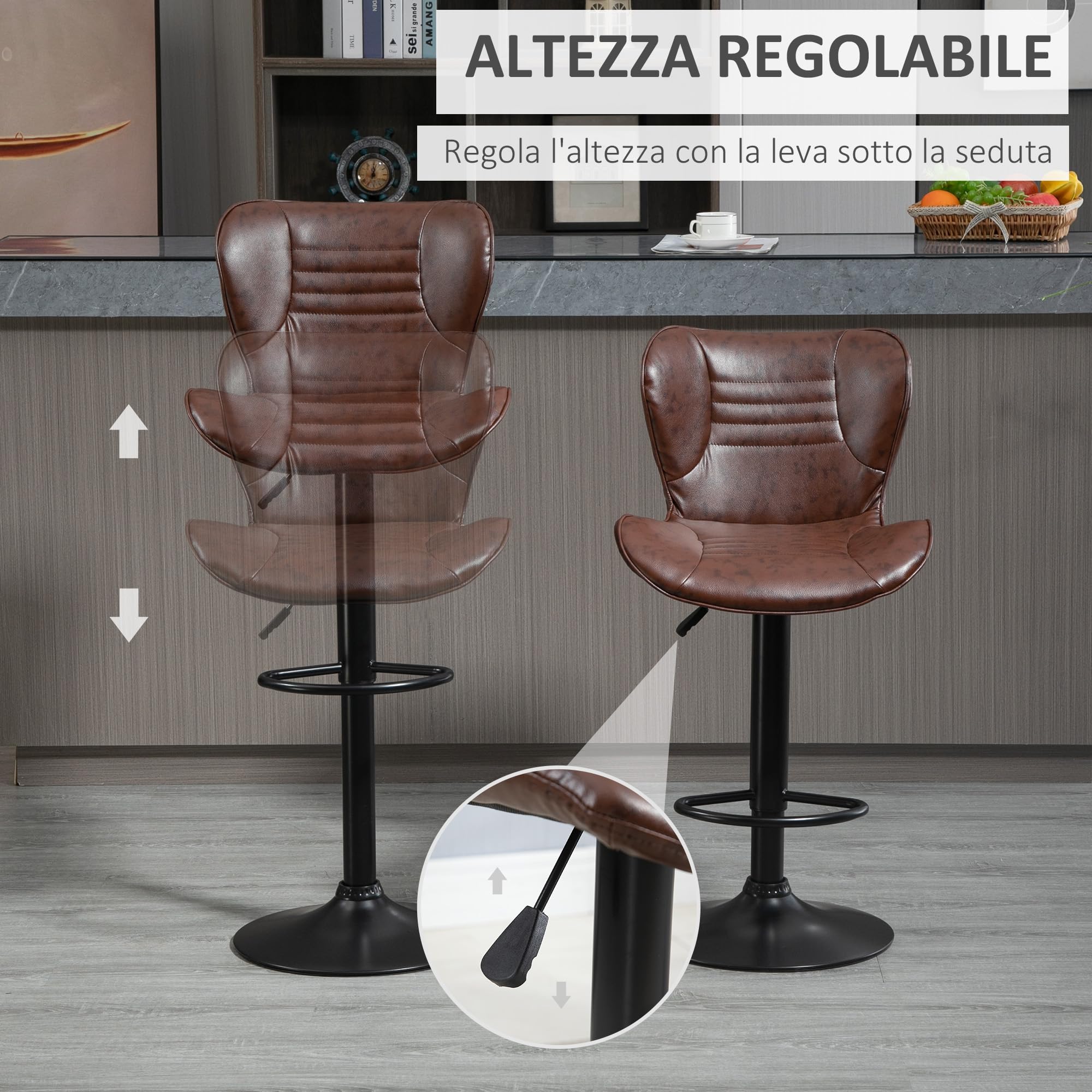 HOMCOM Set 2 Sgabelli da Bar Alti in Finta Pelle Seduta Girevole Marrone | Sgabelli da Cucina, Altezza Regolabile, Poggiapiedi