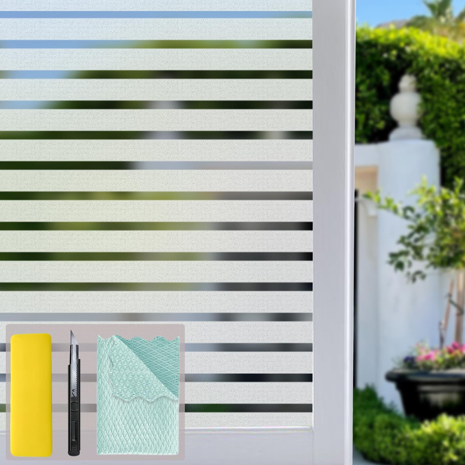 Bloss Window Film Striped Window Decal Non-Adhesive Privacy Film, Vinyl Glass Film Window Tint for Home Kitchen and Office (17.7" x 78.7",1 Roll)