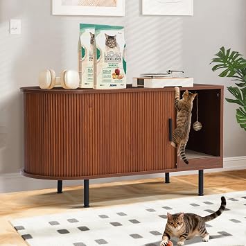 Grepatio Fluted Cat Litter Box Enclosure, 37.4" Large Hidden Litter Box Furniture, Wooden Litterbox Cabinet with Cat Scratch Pad and Ball, Indoor Cat Kitty House for Living Room Brown, Single