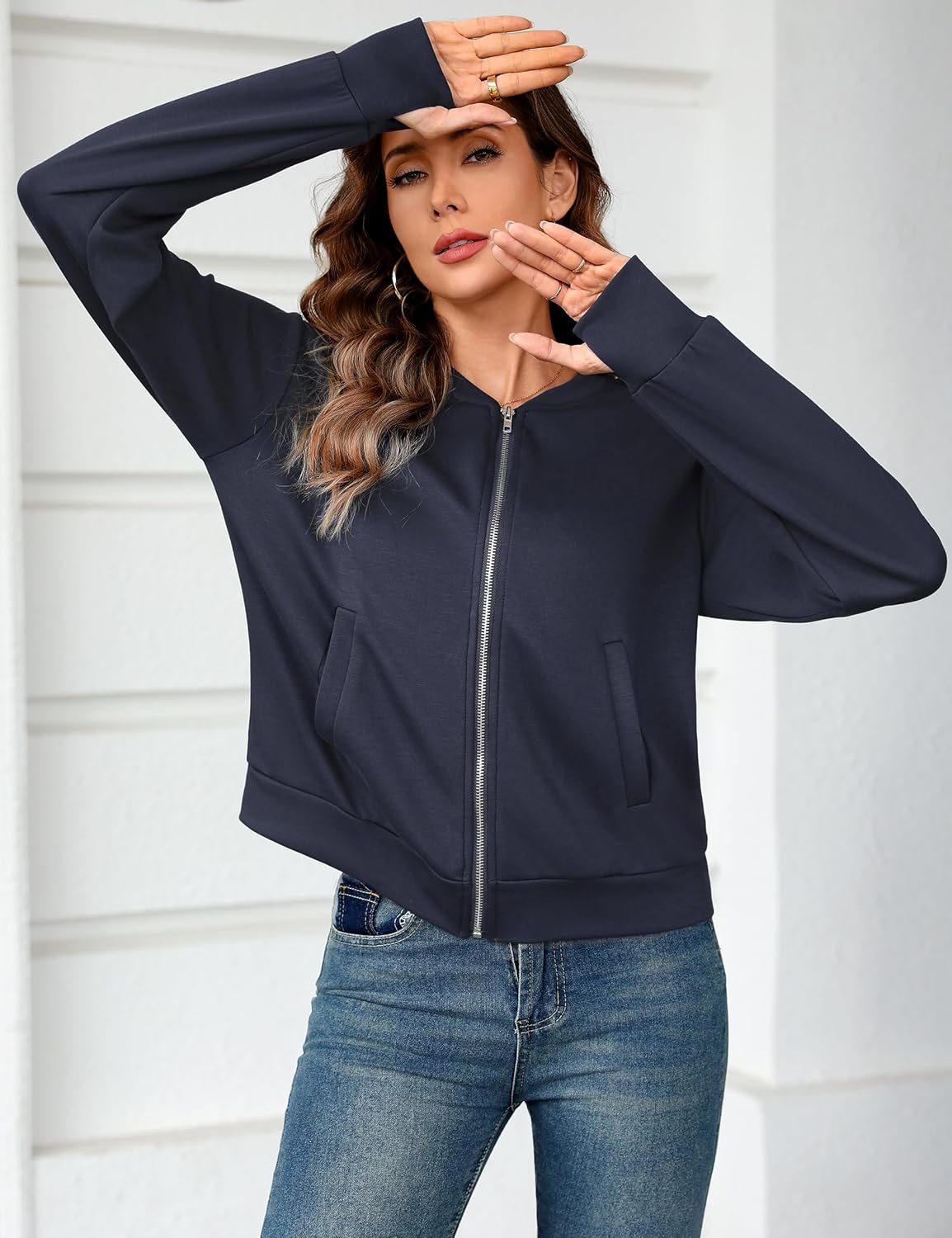 Totatuit Womens Long Sleeve Zip Up Cardigan Jacket Outfits Crewneck Casual Bomber Coat Lightweight Sweatshirts - Image 7