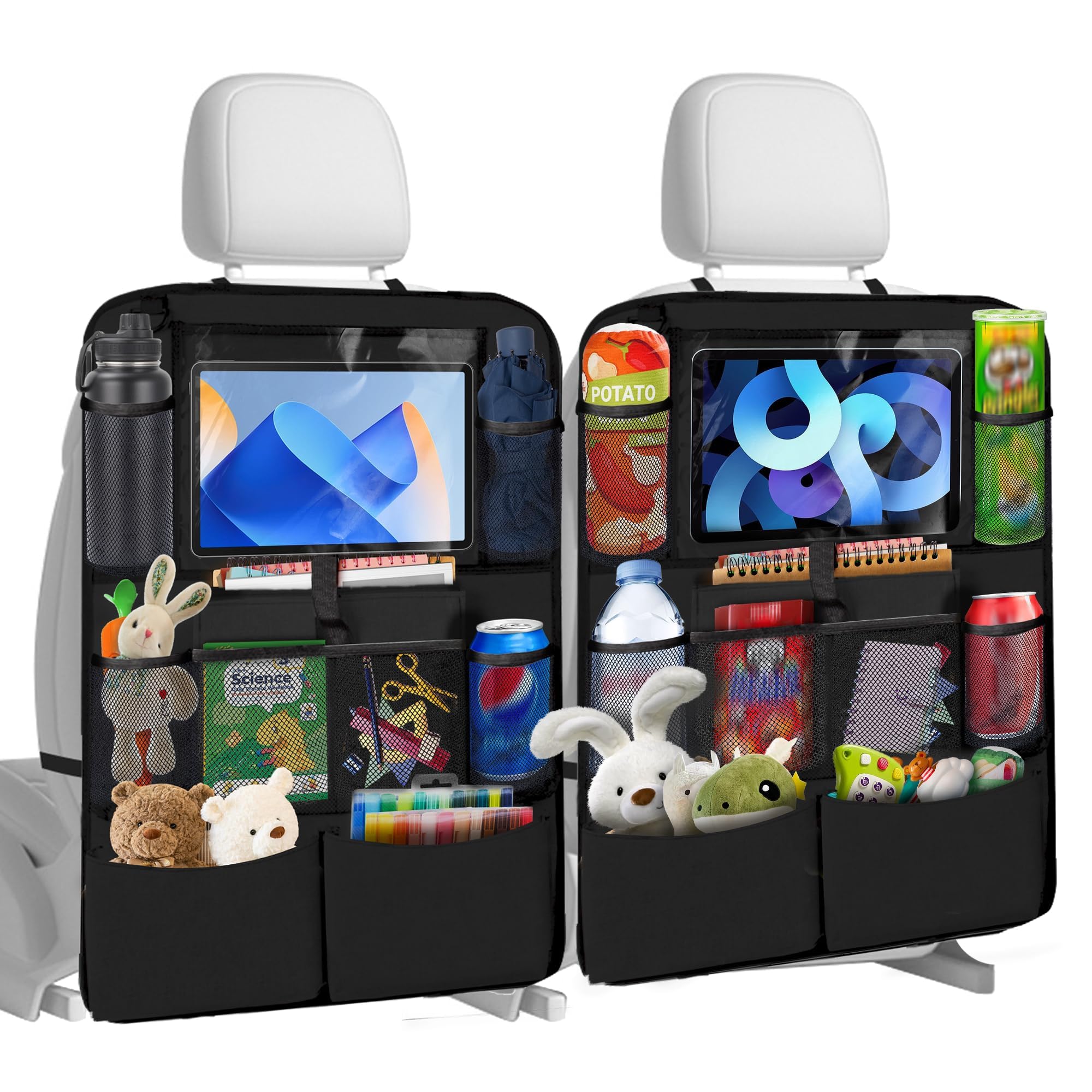 Chumix Auto Organizer Kinder, 2 Stück Rückenlehnenschutz Auto Kinder 600D Oxford Tuch, Autositz Organizer mit 10 Zoll Tablet-Tasche und 10 Taschen, Trittfest und Pflegeleicht für Autositze, Schwarz