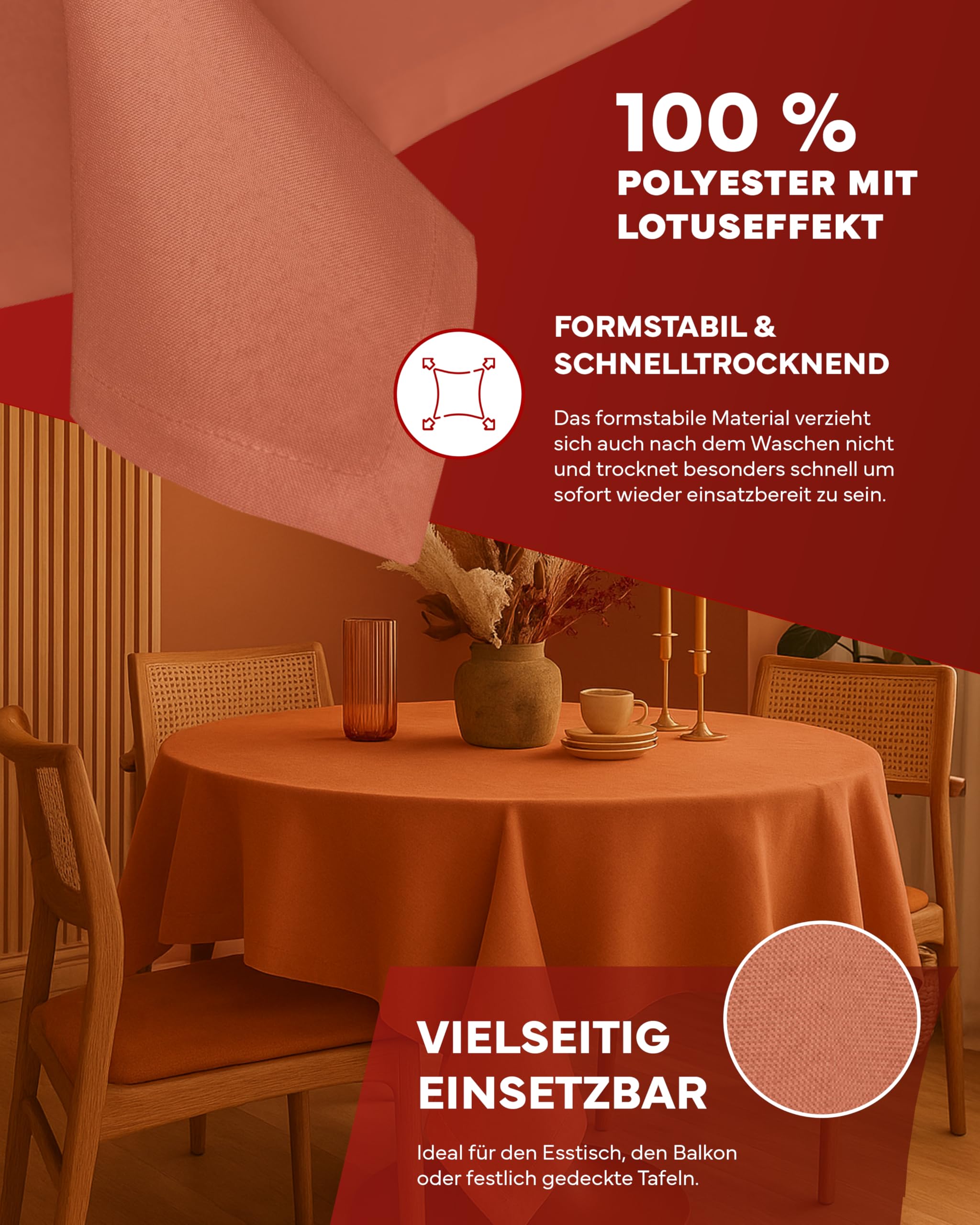 Nappe de Table de Jardin Aspect Lin Effet Lotus Tissu Anti-Taches Infroissable (220 cm Rond, Terre Cuite)