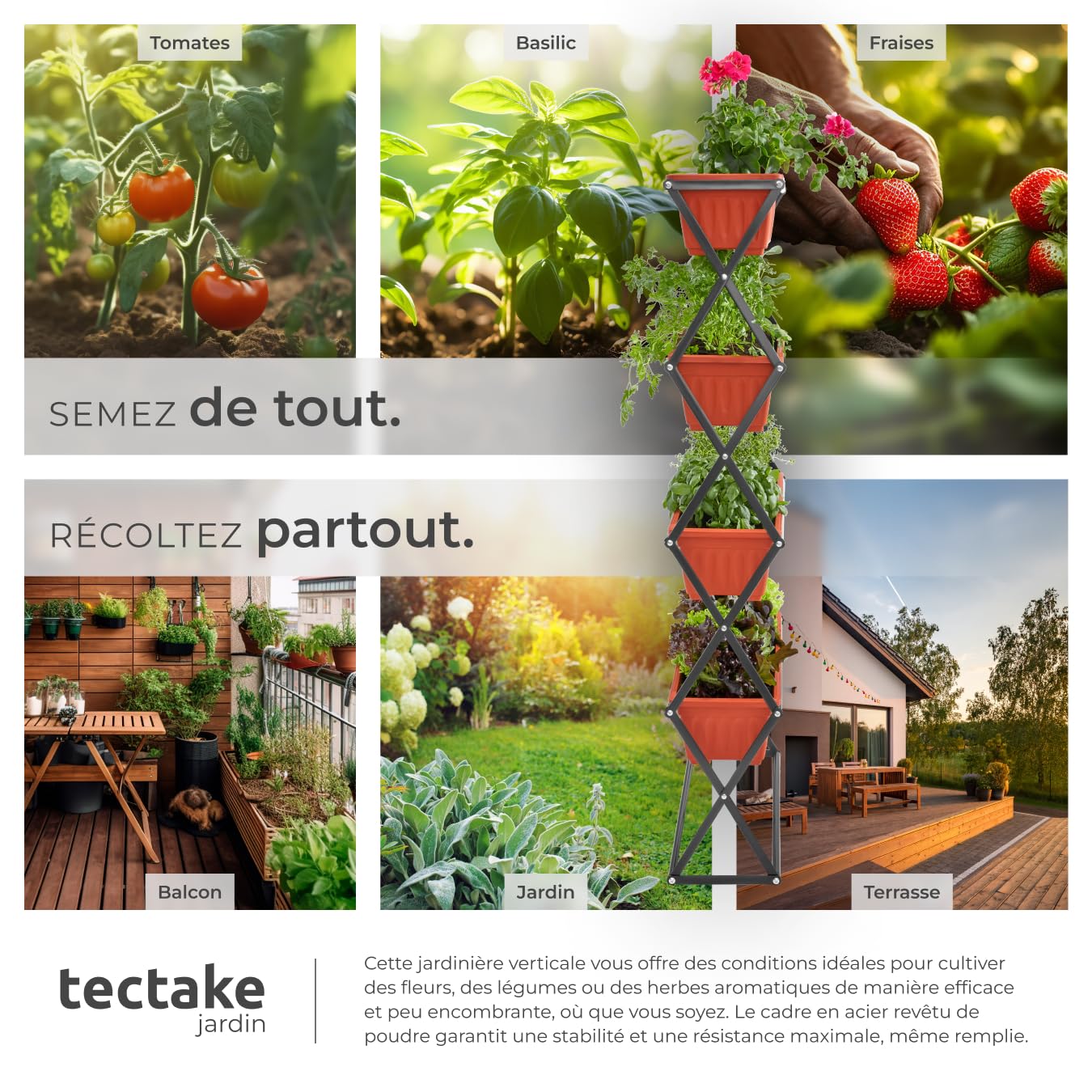 tectake® Potager de Jardin surélevé Jardinière Verticale avec 4 Bacs à Fleurs Culture en Hauteur Châssis Robuste Pliable Intérieur Extérieur Bac à semis 52x21x127 cm Jardin Terrasse Balcon