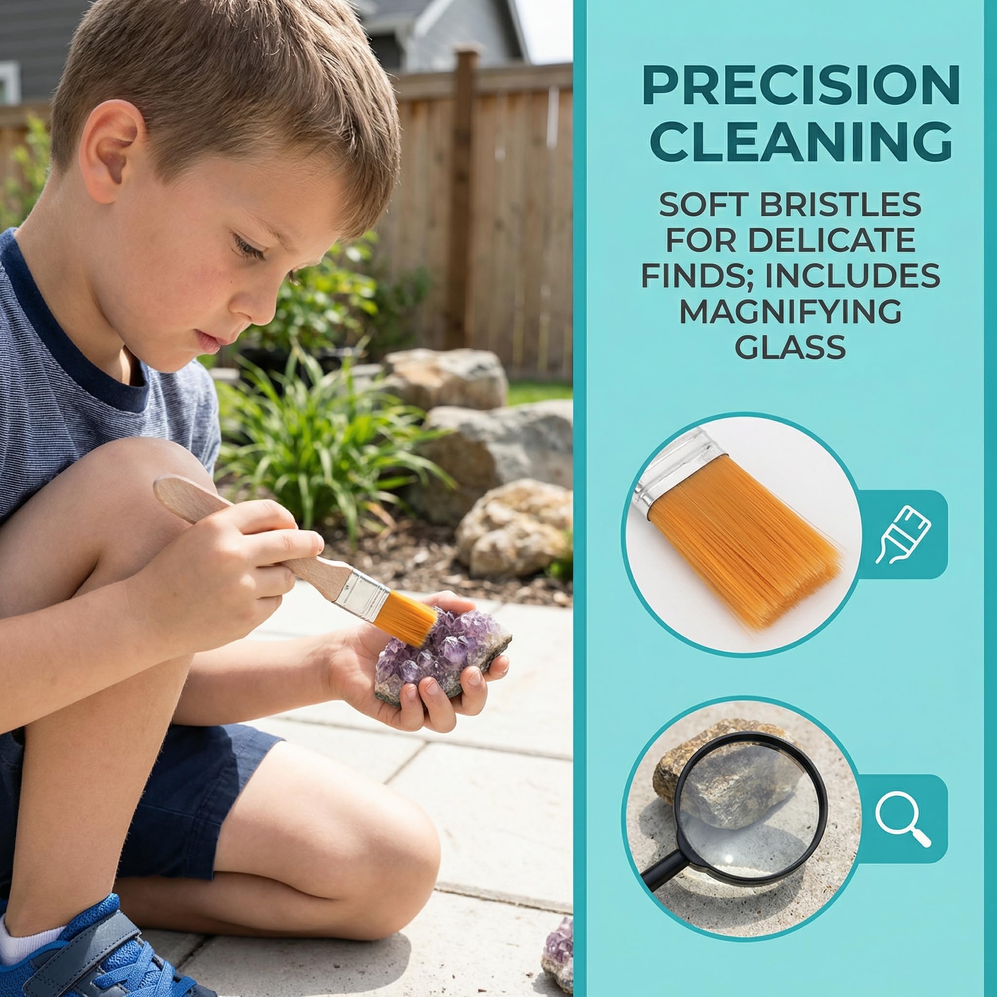 Veemoon Utensili per sepoltura in legno per bambini, martello scalpello, legno per bambini con martello scalpello pennello lente d'ingrandimento per apprendimento fai da te
