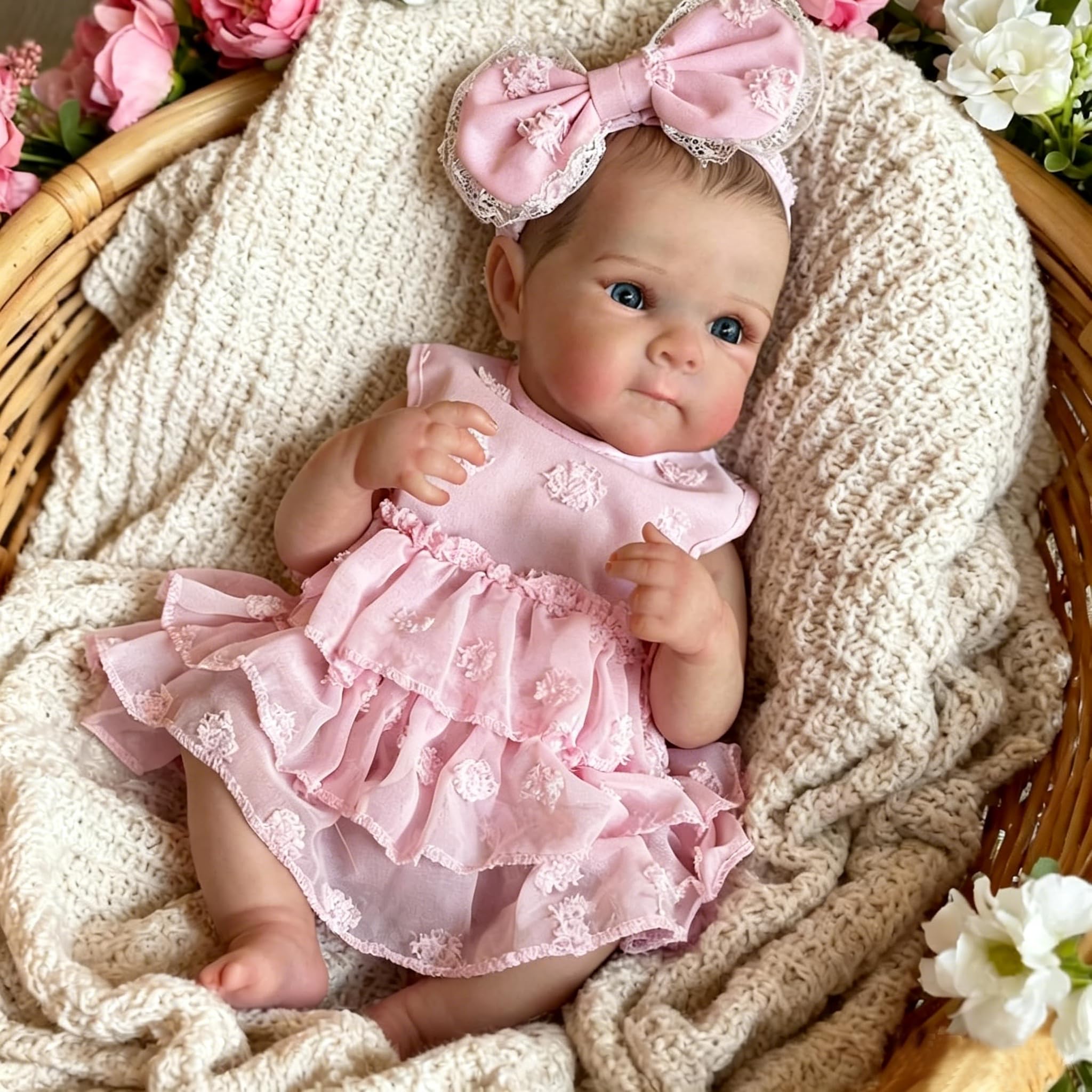 Reborn Baby Mädchen Lebensecht 48CM VollVinyl Körper,Reborn Puppen Realistische Neugeborene Mit Haaren Babypuppe mit Offenen Augen