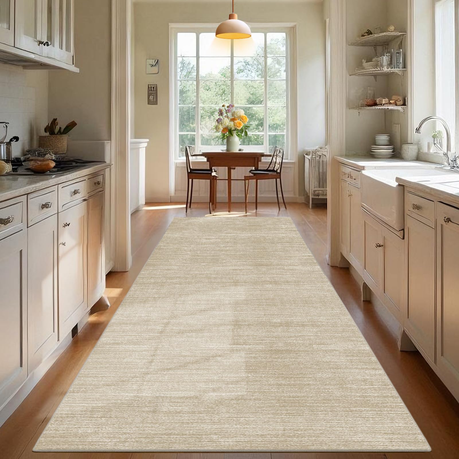 TEHWDAIYOU Long Hallway Runner Rug Non Slip Washable Kitchen Rug Hall Runner Corridor Rugs Floor Mat Narrow Heavy Duty Carpet Runner for Entryway Hallways Kitchen Laundry Room, Beige, 120 x 450 cm