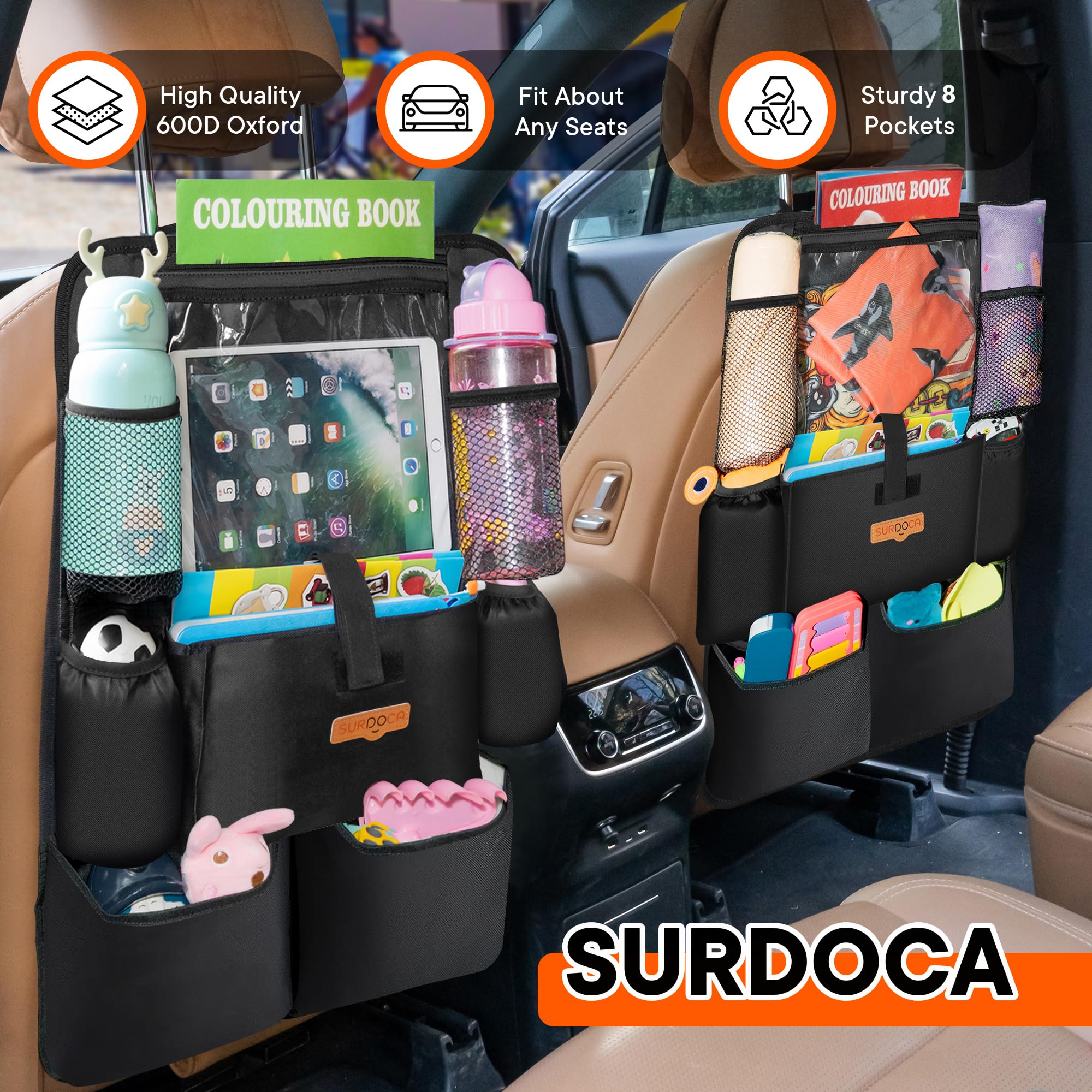 SURDOCA Organizer na tylne siedzenie dla dzieci – 5. generacji organizer samochodowy z uchwytem na tablet o przekątnej ekranu 11" – organizer do bagażnika, ochrona oparcia samochodu