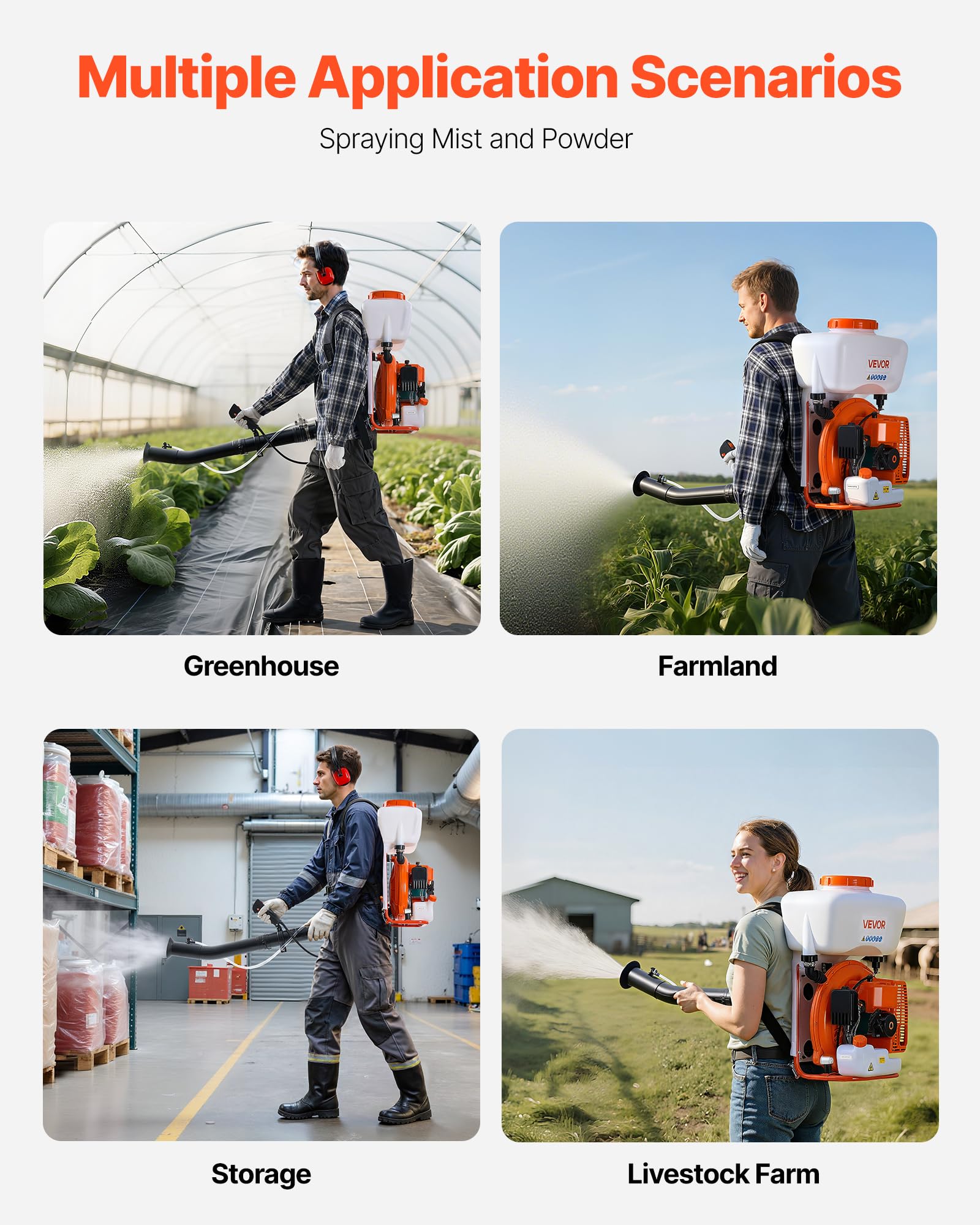 VEVOR Pulverizador de Mochila, 63 CC, Motor de 3 HP, con Tanque de 16 L, Sistema de Nebulización de Polvo y Líquido, para Jardinería, Agricultura e Invernaderos de Hortalizas, 490 x 290 x 660 mm