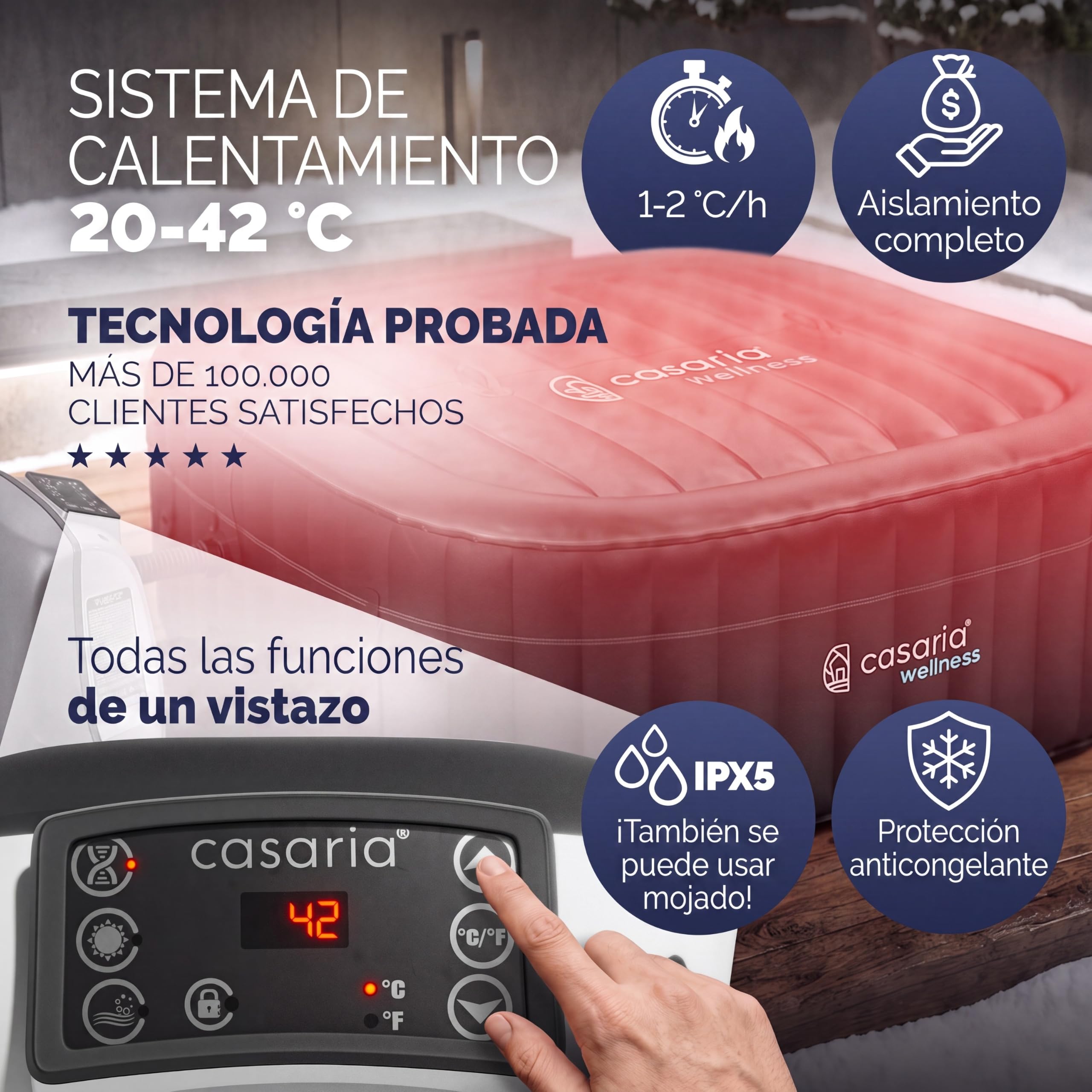 CASARIA Hidromasaje Hinchable 4 Personas 165x165cm Cuadrado 42°C Accesorios