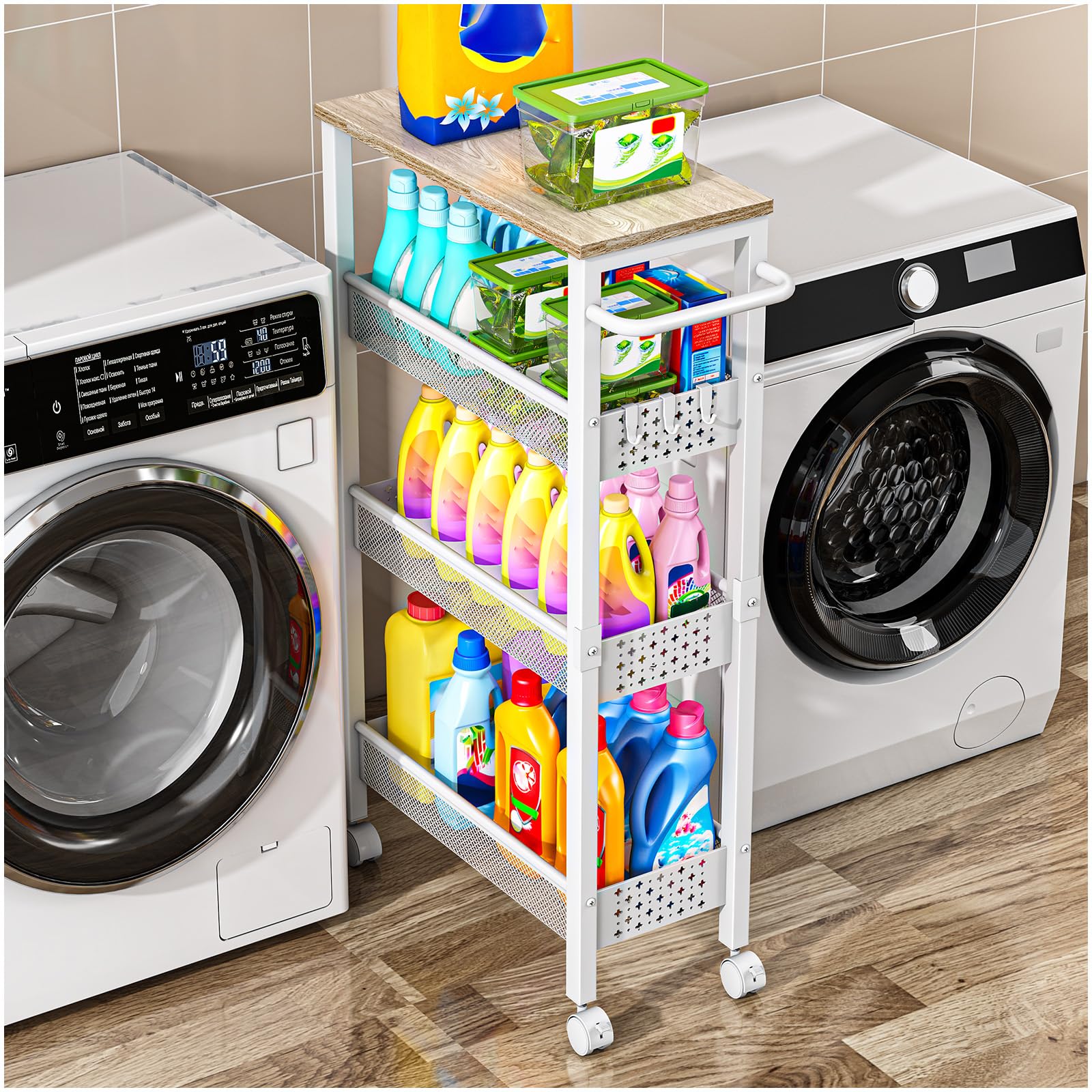 Vivihomety Utility Slim Storage Cart with Wheels, 4 Tier Small Rolling Cart with Wood Top, Metal Kitchen Bathroom Laundry Room Organization Trolley