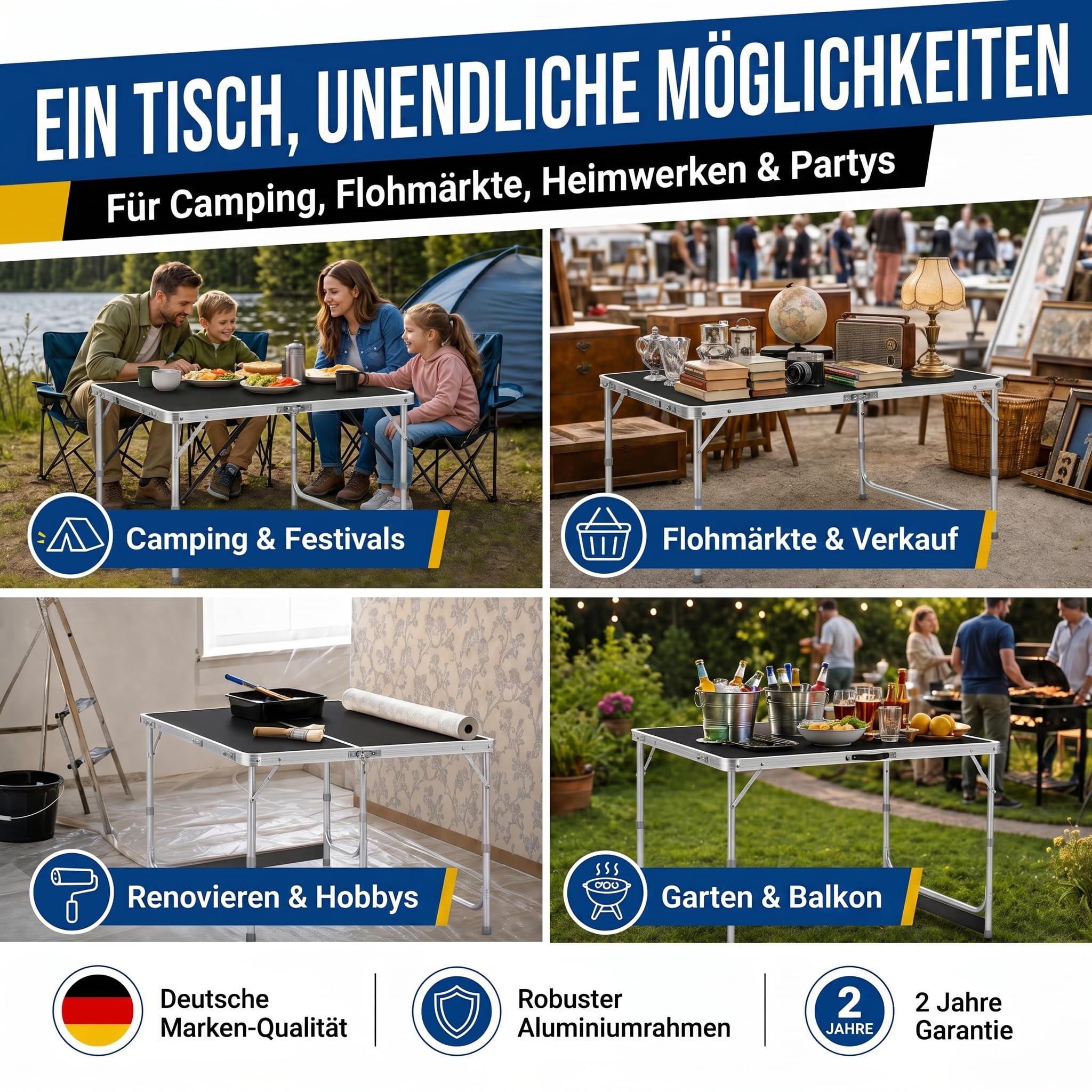 Klappbarer Multifunktionstisch Mehrzwecktisch Campingtisch Klapptisch Markttisch höhenverstellbarer Tapeziertisch Beistelltisch zum Campen im Garten für Festivalls Märkte (Schwarz: 120 x 60 cm)
