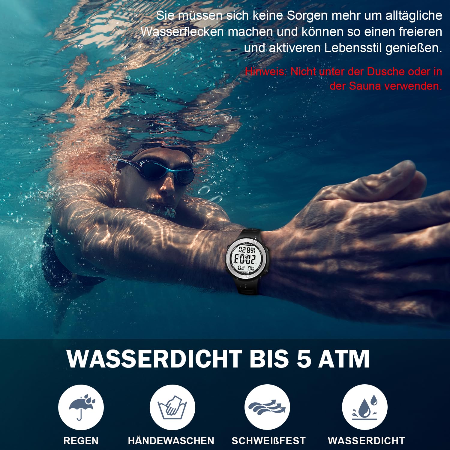 Hearkent wasserdichte Schrittzähler-Uhr für Senioren ohne Bluetooth, Keine App erforderlich, mit Schrittzähler, Kalorienzähler und großen LCD-Ziffern