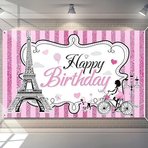 Fondo de fotografía de la Torre Eiffel de París, decoración de fiesta de París, suministros de fiesta de cumpleaños con rayas rosadas dulces para