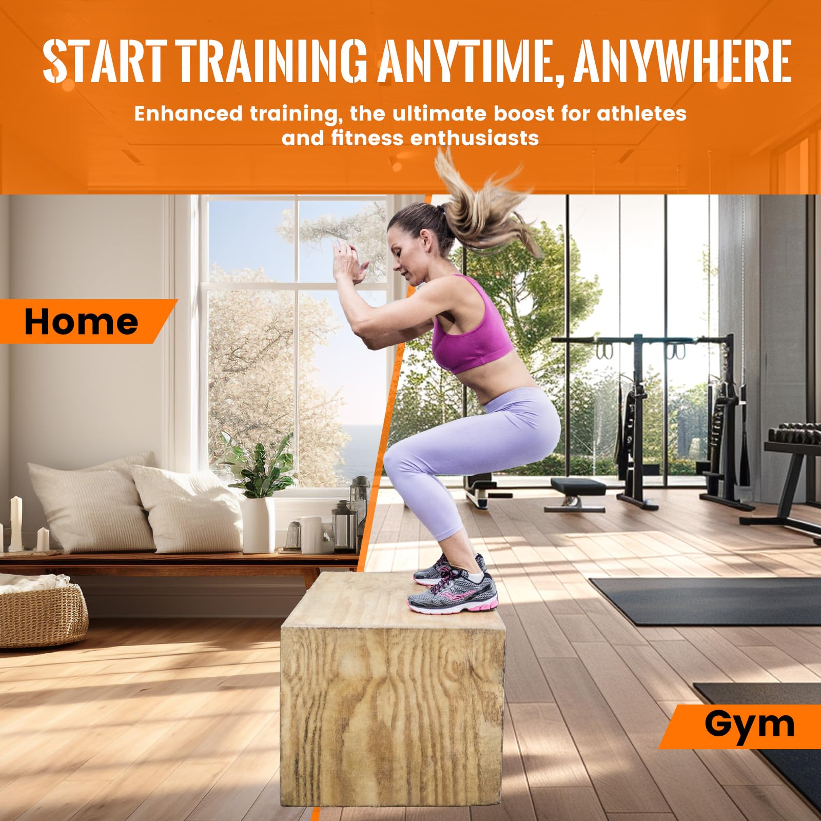 CAELUM Caja pliométrica de madera 3 en 1 – Caja de salto pliométrica antideslizante para el hogar y el gimnasio, caja de lanzamiento de fitness con rodamientos de 400 libras para saltar, sentadillas