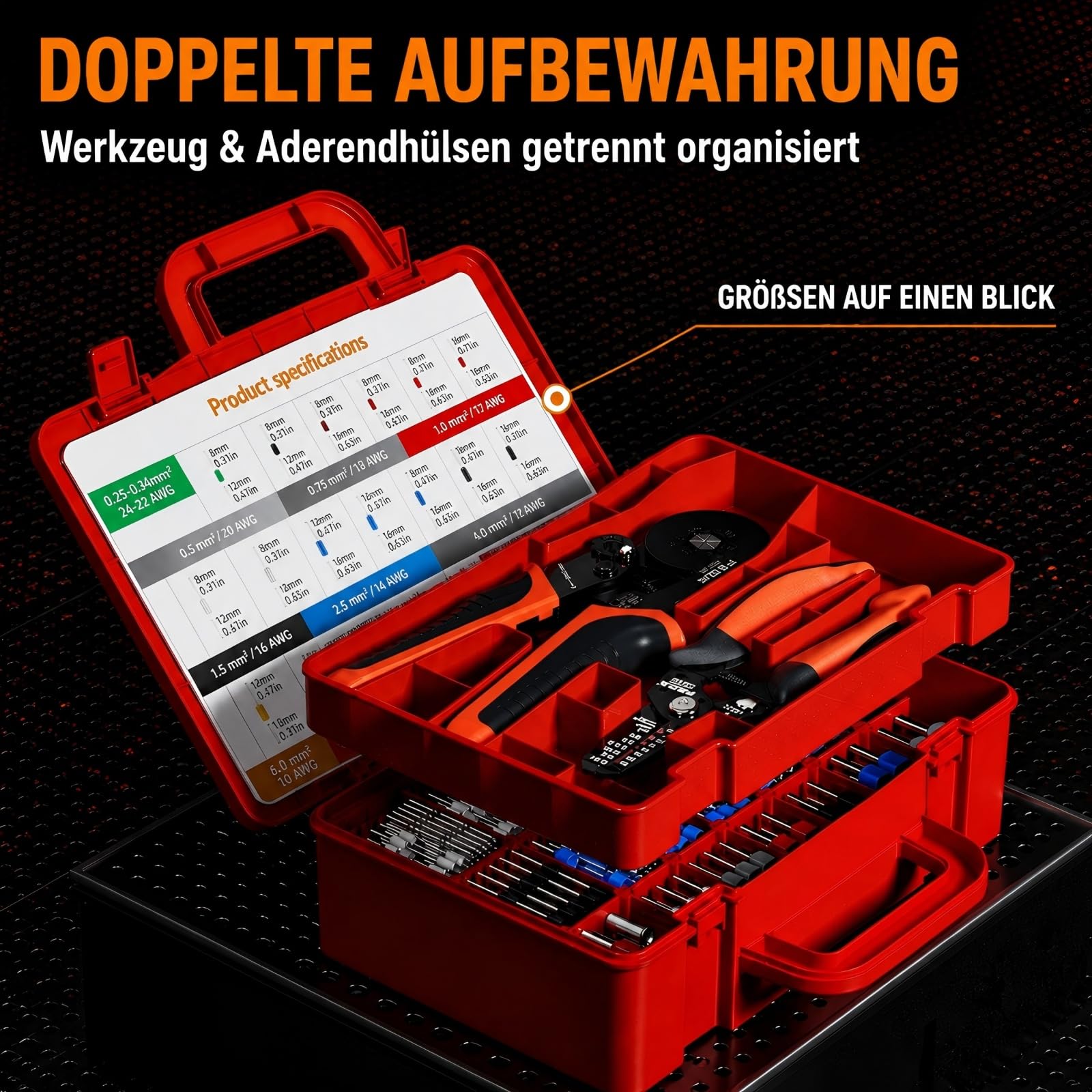 PEBA Crimpzange Aderendhülsen Set, 33 Größen 0,25–10 mm² Aderendhülsen, Sechskant Aderendhülsenzange selbstjustierend mit Ratsche, Twin-Hülsen, isoliert & unisoliert, 8/9/10/12/18 mm, Abisolierzange