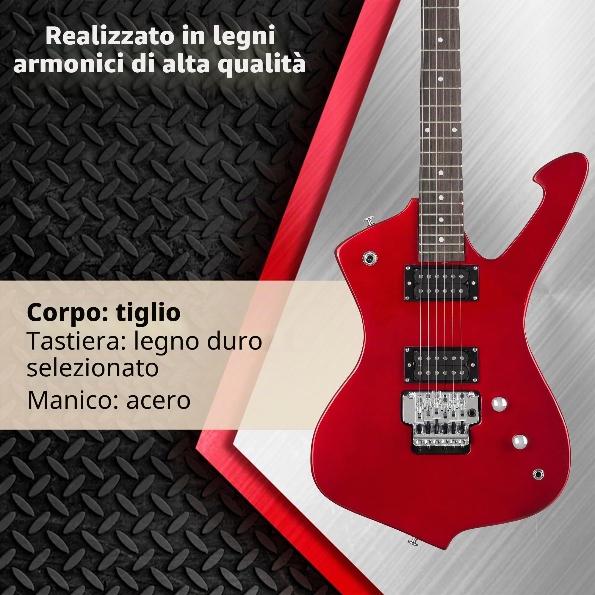 Rocktile Sidewinder E-Guitar, Modello: Sidewinder, Corpo: Tiglio, Scala: 25 | Manico: Acero avvitato, 2 Humbucker Pickup, 22 Tasti Medium Jumbo, 5" (648 mm), Tastiera: legno duro selezionato, Inlay: Dot
