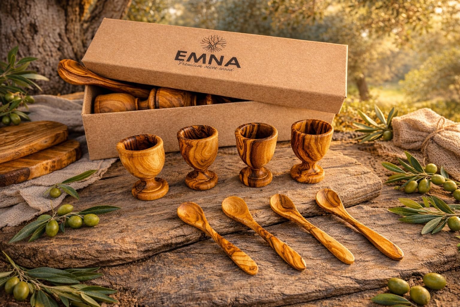 EMNA Lot de 8 coquetiers en bois d'olivier - 4 coquetiers tournés à la main et 4 cuillères en bois - Idée cadeau élégante pour Pâques et Noël - Coffret cadeau exclusif avec certificat d'authenticité