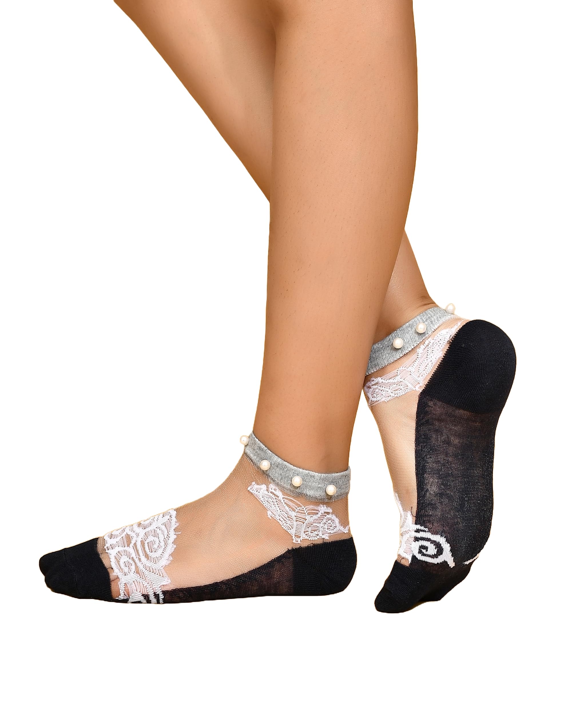 Multicolour Transparent Ankle Length Cotton Net Pearl Socks For Women and Girls, Ankle Socks for Women, Net Socks for Women Stylish-image-35