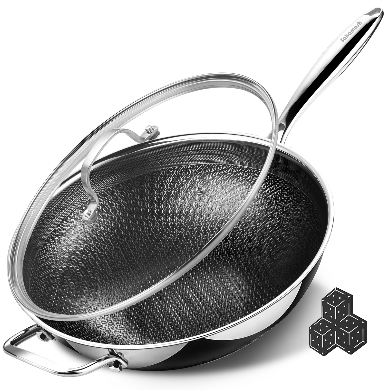 SAKAMOSH Hybrid 12inch Wok with Lid, Stainless Steel Woks &amp; Stir-Fry Pans Nonstick, Non Toxic, PFAS PFOA PTFE Free, Dishwasher and Oven Safe, Works on Induction