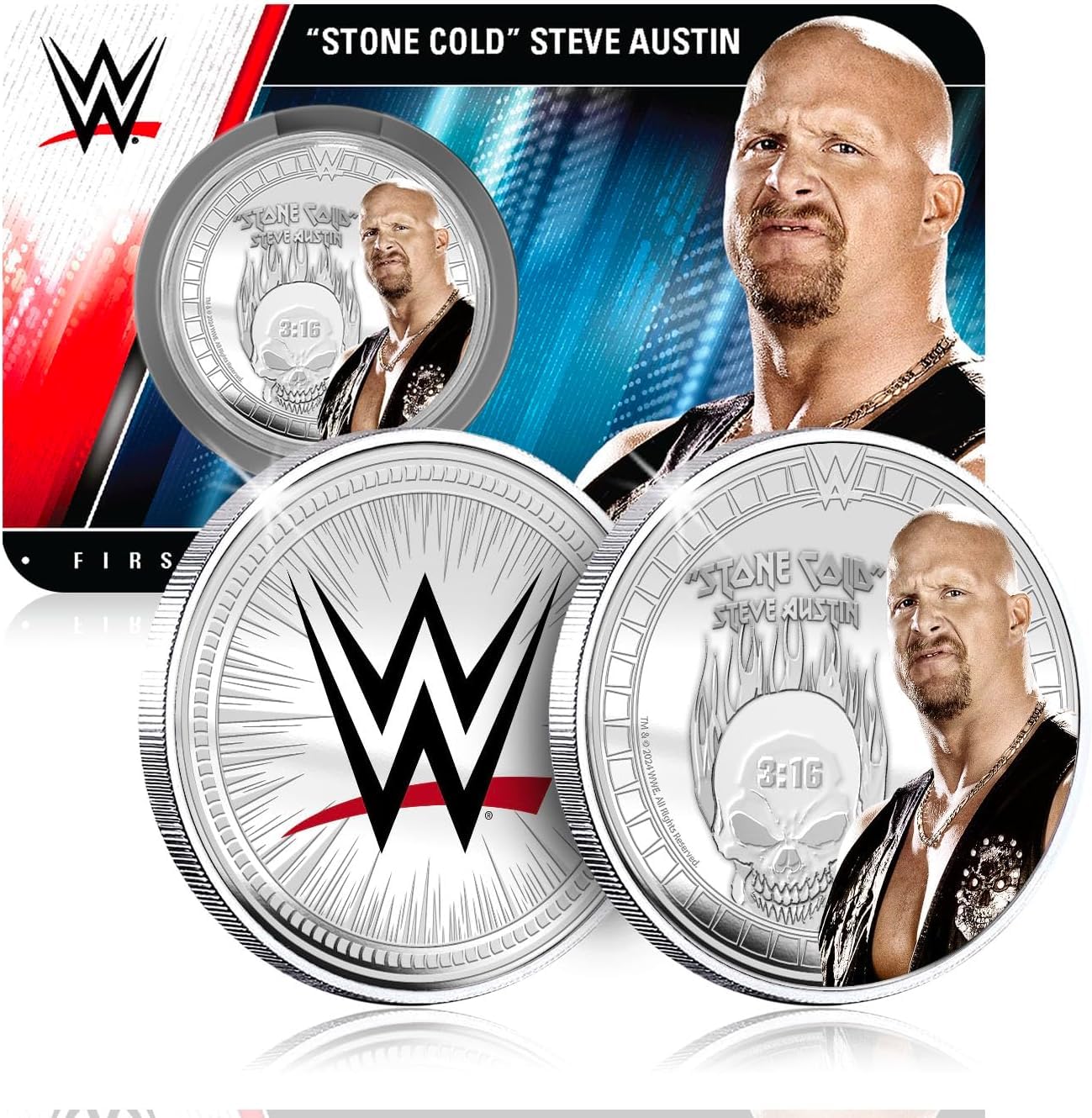 FANTASY CLUB Stone Cold Steve Austin WWE 32 mm Oficjalna moneta kolekcjonerska - hołd dla Rattlesnake i 6-krotny mistrz świata - edycja limitowana dla fanów i kolekcjonerów