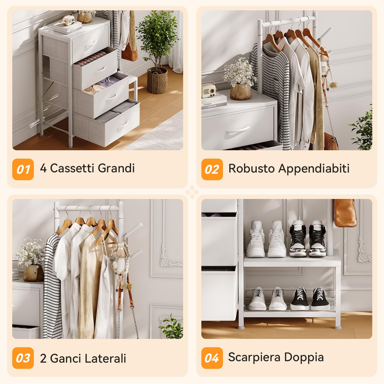ODK Cassettiera Camera da Letto 3 in 1, con un Appendiabiti da Terra, Doppia Scarpiera e Due Ganci per Cappotti, con 4 Cassetti in Tessuto, Adatto a Camere da Letto e Ingressi, Bianco