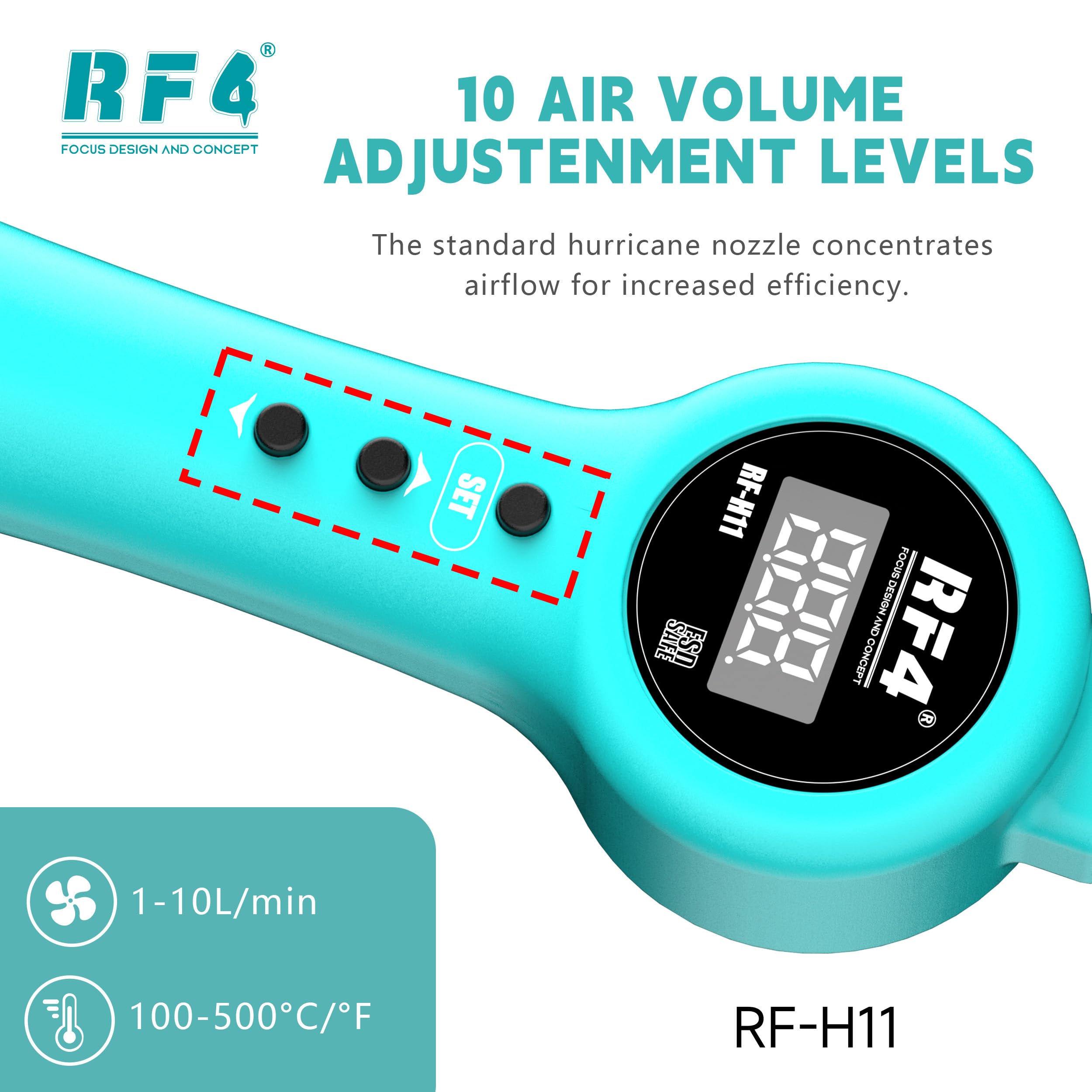 Pistola de aire caliente integrada RF-H11 con base de reposo, hasta 500°, pantalla LCD de aire caliente, ajuste de viento de 10 niveles, reparación de soldadura de PCB y CI