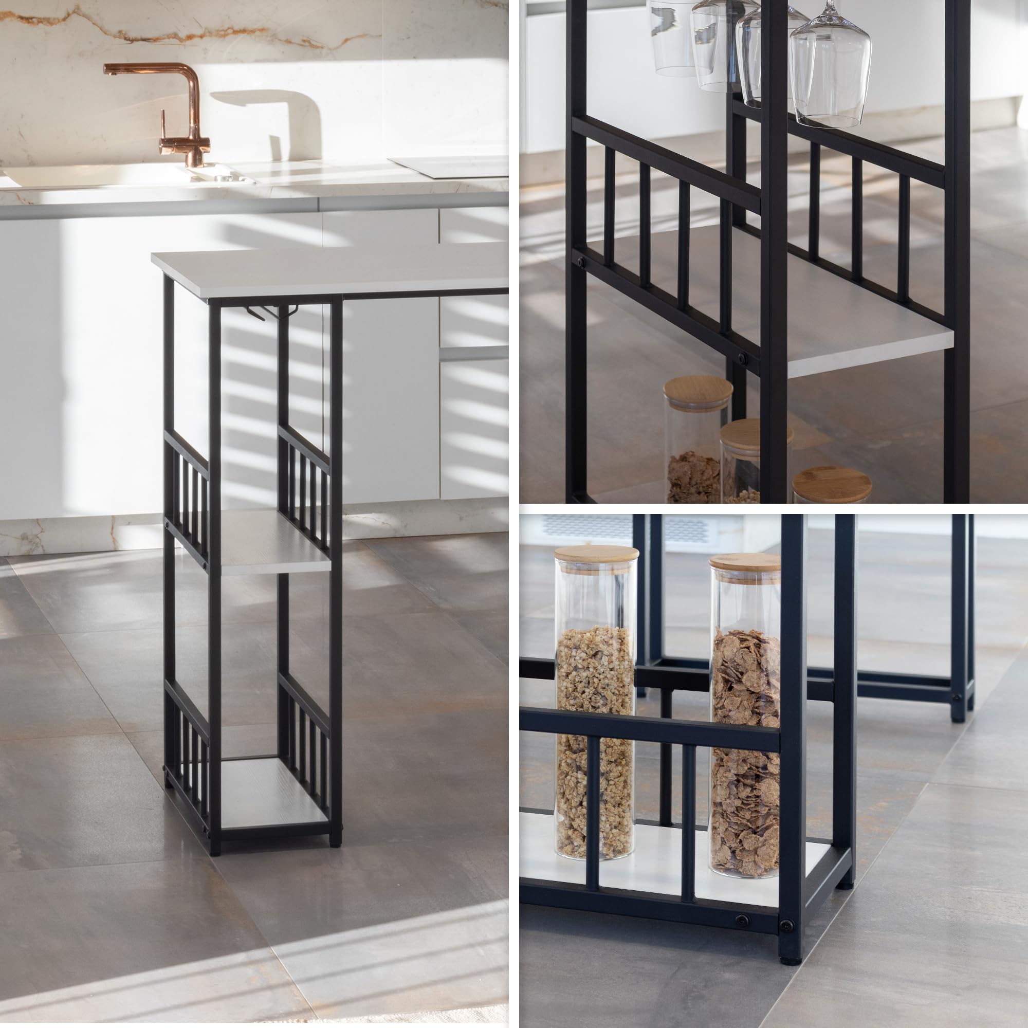 i-flair Bartisch Gavin 110x50x105 cm, Stehtisch 2 cm Dicke hitzebeständige, Kratzfeste & Pflegeleichte Tischplatte, 2 Ablagen, Glashalter, Stahlrahmen, einfacher Aufbau, Industriestil (Weiß)