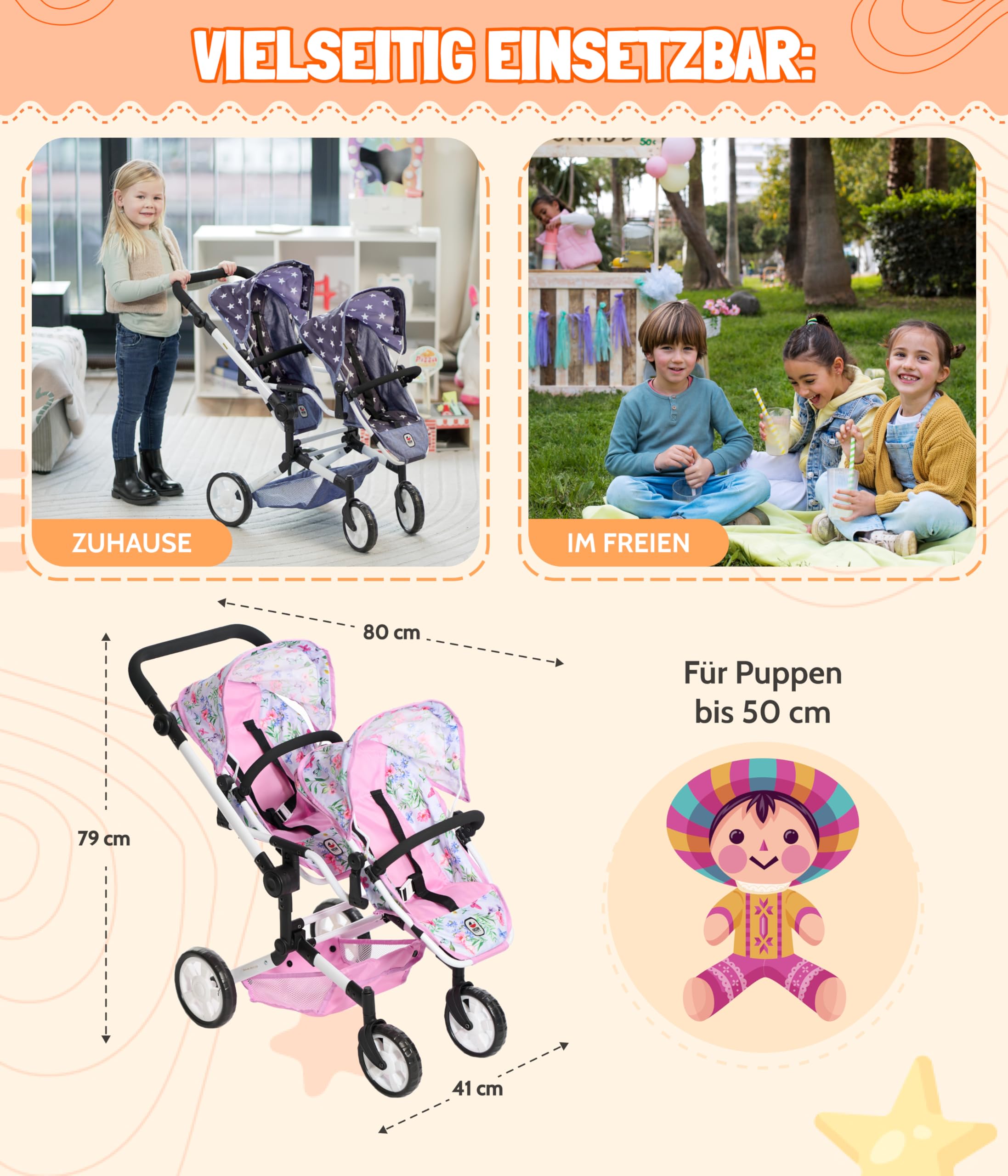 Bayer Chic 2000® Wózek dla lalek Linus Duo – Flowers Rosa – składany wózek dla lalek bliźniaczek – regulowany uchwyt 50-82 cm – lalki do 50 cm – 4-8 J.