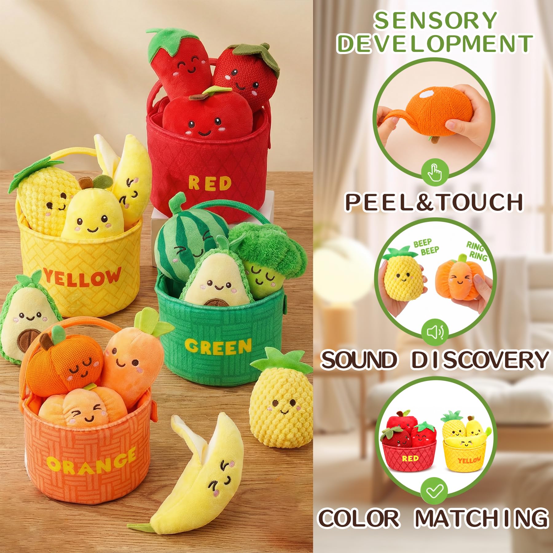 Sensory Toys für Babys, 6–12 Monate, Montessori-Spielzeug für Kleinkinder, 16 Stück, weiches Plüsch, Obst und Gemüse mit Knistern, Rassel und Farbsortierung, feinmotorisches Lernspielzeug, Geschenk