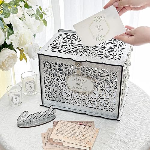 Miniatura 3 de OurWarm Caja de tarjeta de boda plateada con cerradura, caja de tarjeta de regalo de madera para decoraciones de boda para recepción, cajas de