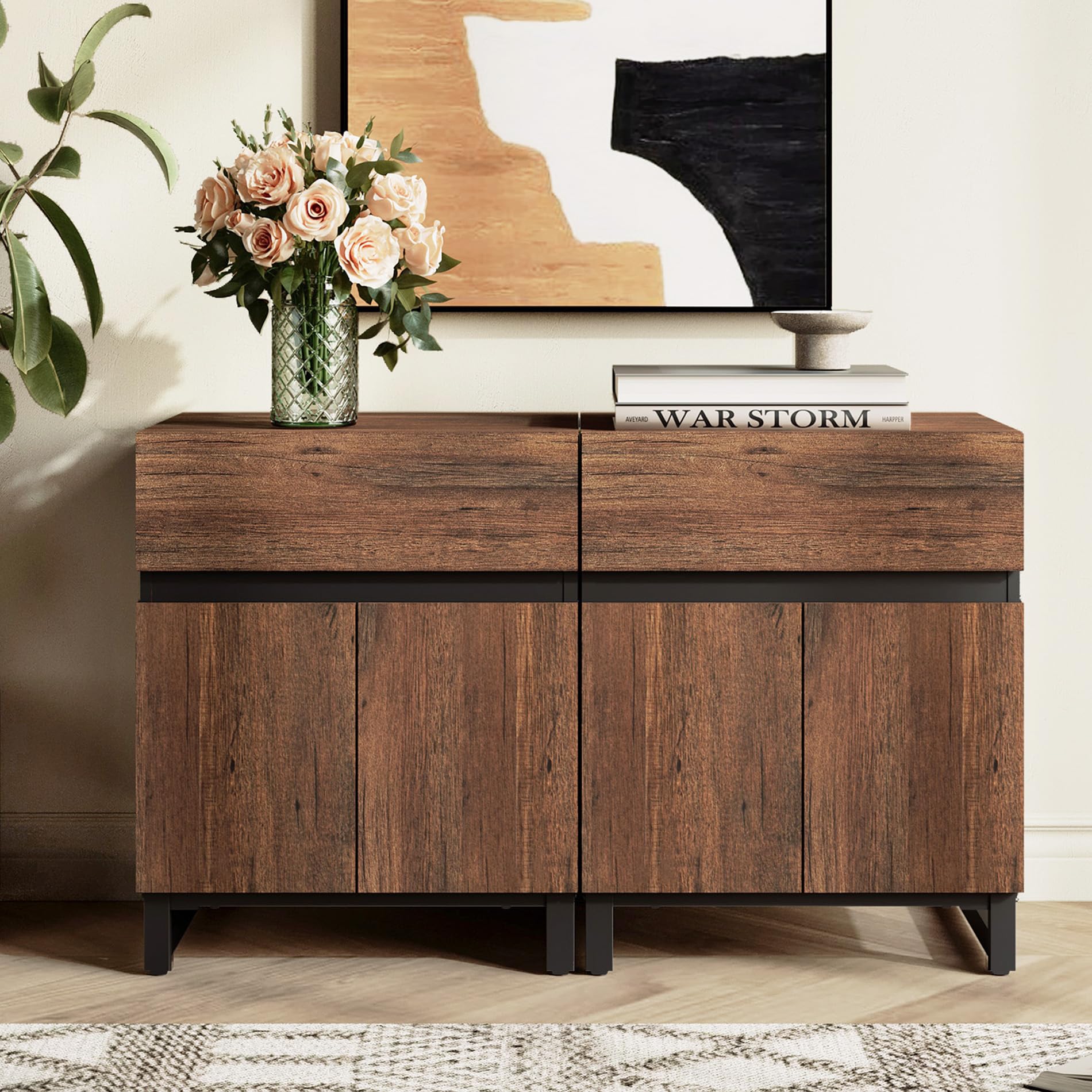 WAMPAT 2 Pack Modern End Table with 1 Drawer & 1 Storage Cabinet, Farmhouse Sofa Table with 2 Open Door, Wood Rustic Side End Table for Living Room,