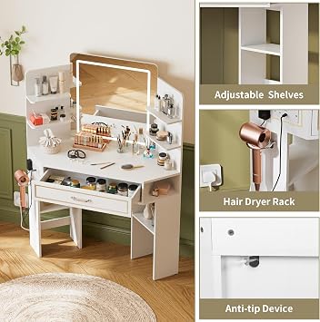 BonVache Corner Dressing Table,Vanity Table with LED Mirror&Charging,White