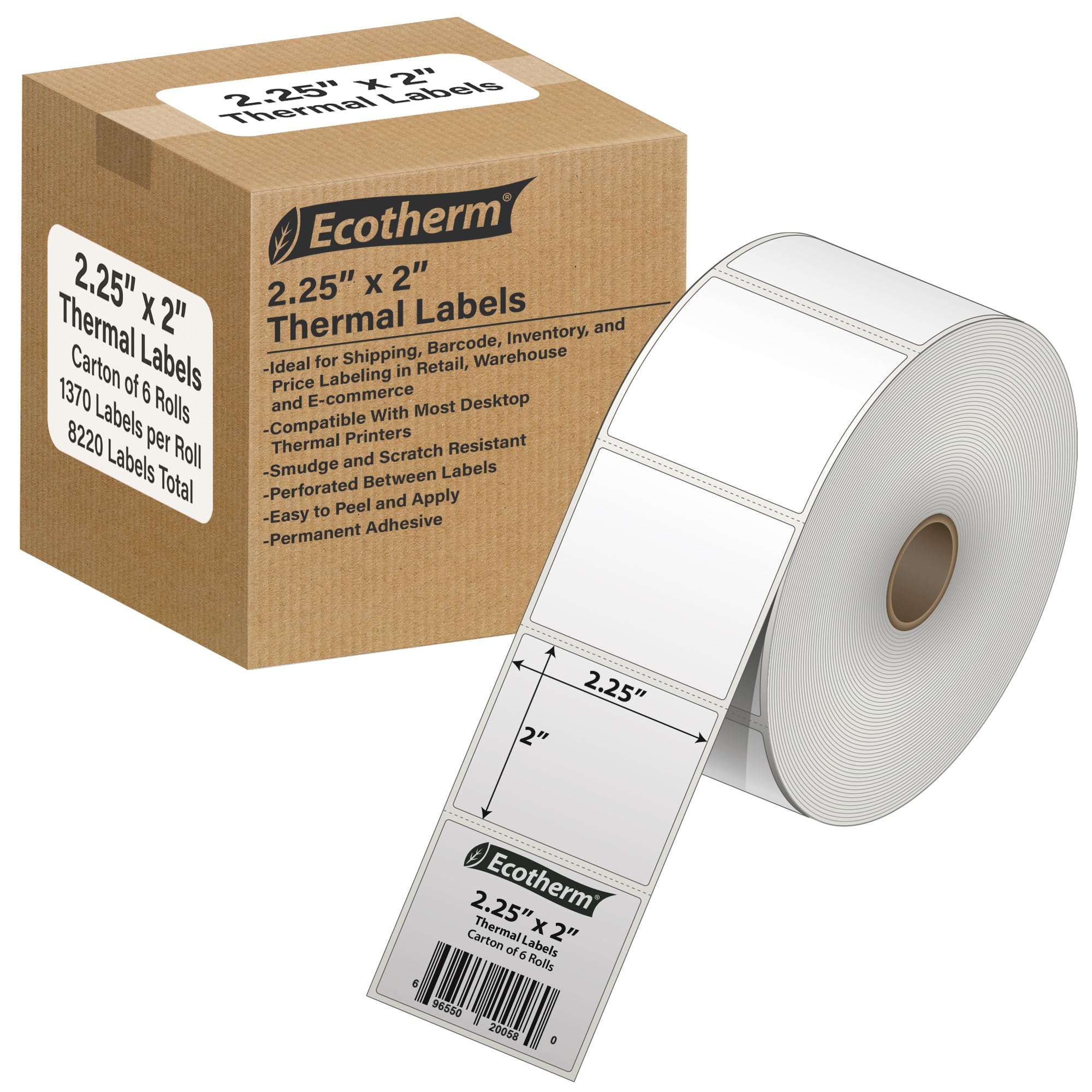 2.25 x 2 Direct Thermal Paper Label Stickers - 1370 Labels Per Roll - 6 Rolls - for Zebra LP2824, LP2844, GC420, GK420, GX430, ZD220, ZD410, ZD420, ZD500, ZD620, ZP-500, GT800 Printers โ image 1
