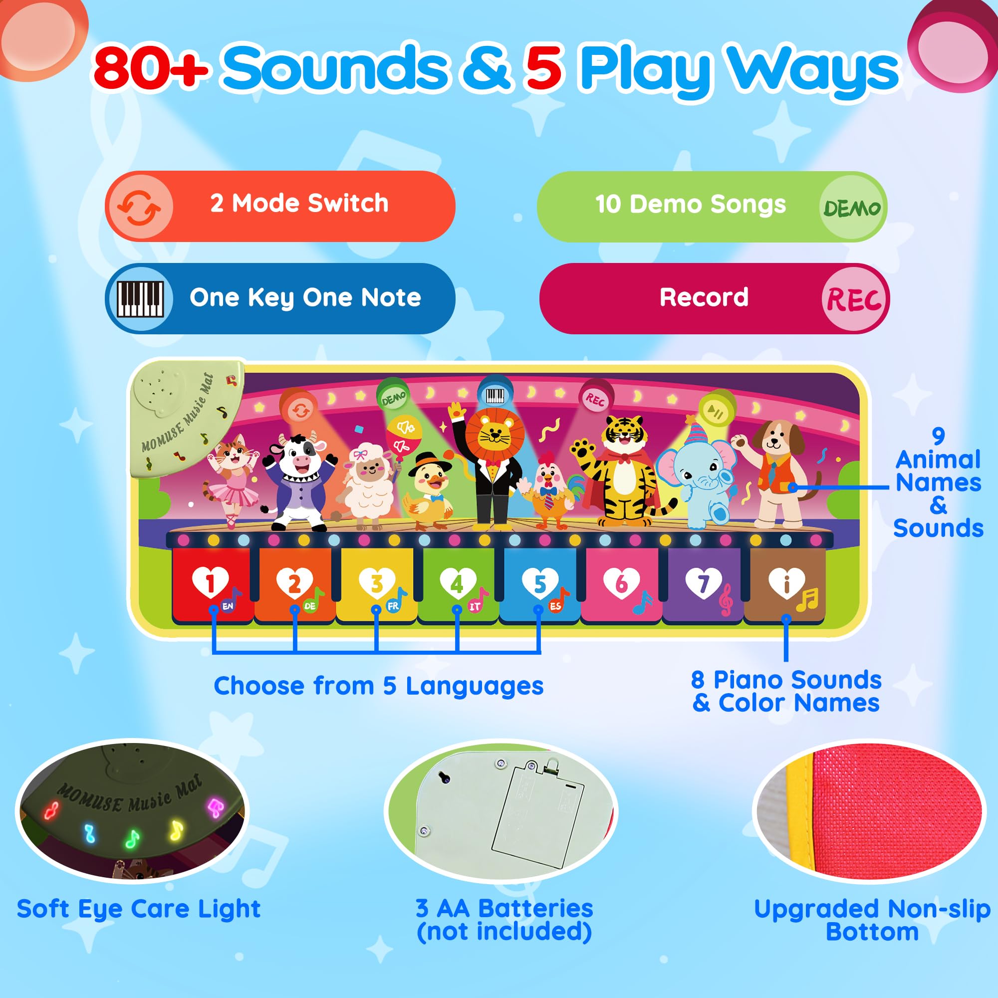 Alfombrilla de piano musical en 5 idiomas (EN/DE/FR/IT/ES) para niños de 1, 2, 3, 4 años, juguete educativo multilingüe para bebés con 9 animales y grabación, portátil, para niños pequeños de 1 2