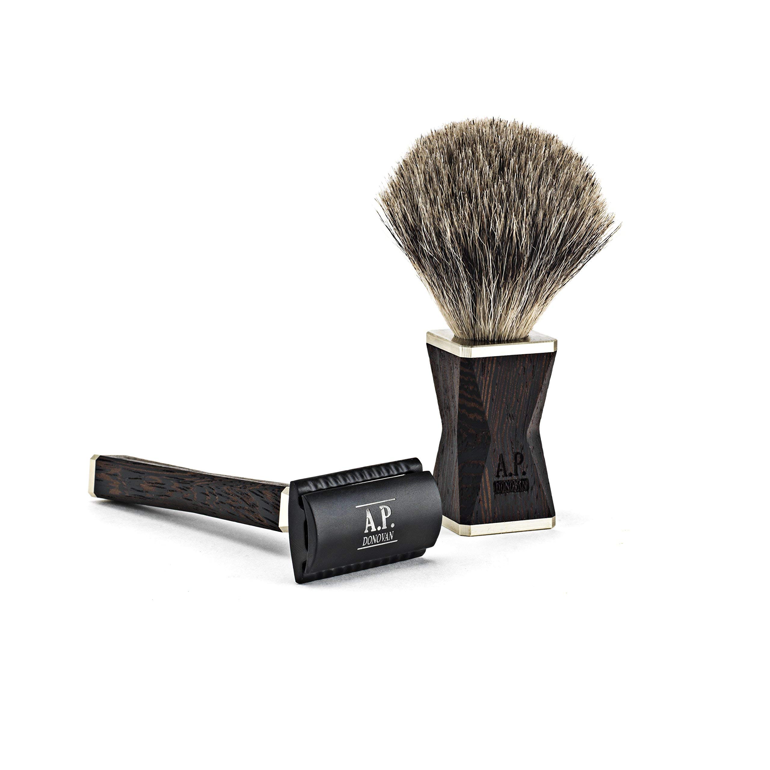 Juego de Afeitado - Afeitado húmedo clásico, barbería - Brocha de Afeitar de Pelo de tejón, Madera de Afeitar (Dexter - Juego de Afeitado y rebanador de Nogal)