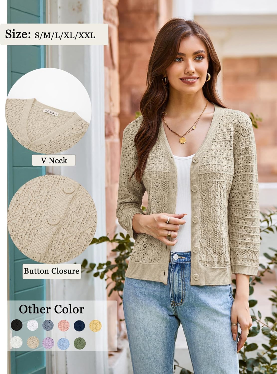 GRACE KARIN Women Lightweigt Crochet Knit Cardigan, 3/4 Sleeve Cropped Shrugs, Spring Button Down Sweaters Tops - Image 4