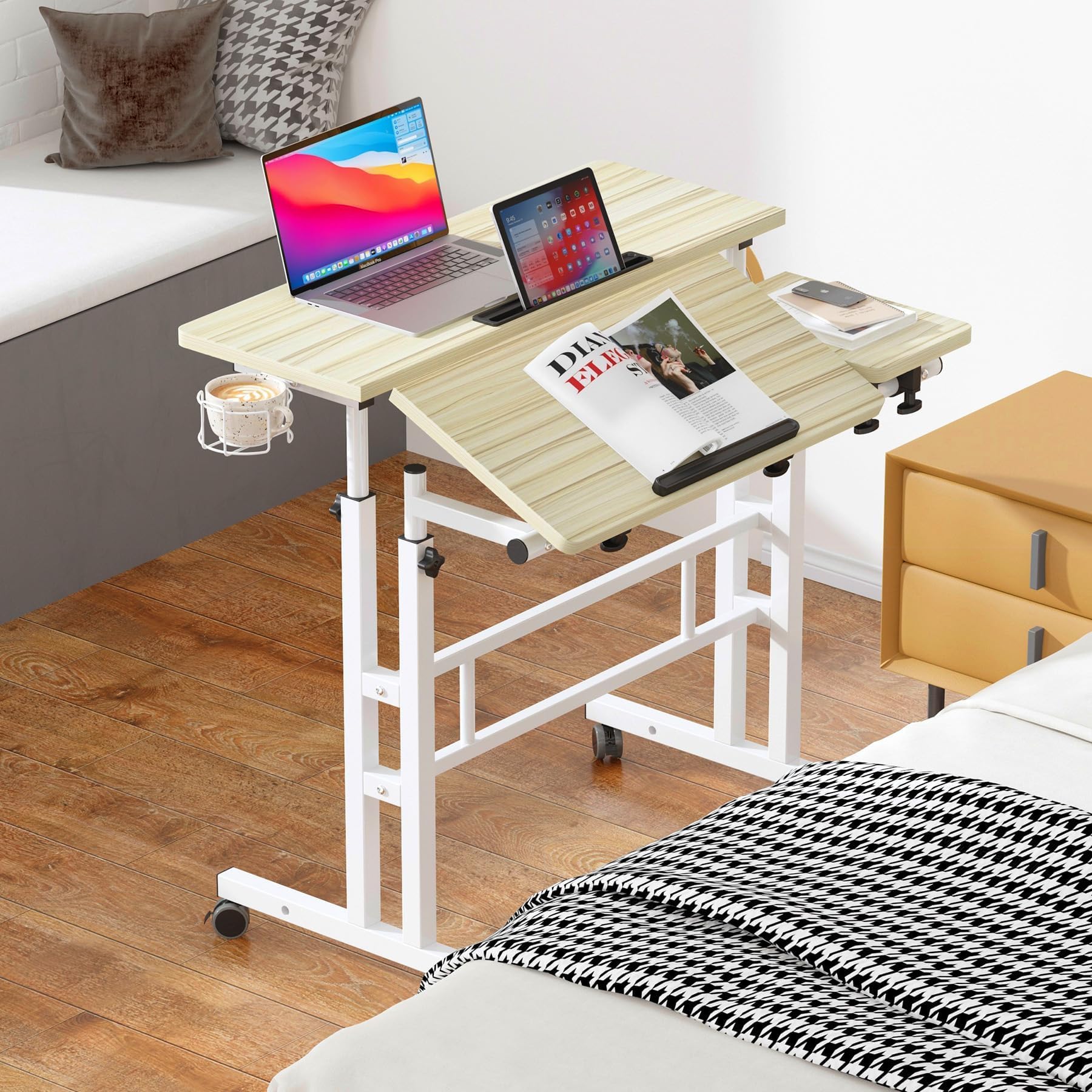 2 Platforms Mobile Laptop Desk Adjustable Side Table Computer Stand for Bed Sofa,Mobile Standing Desk with Cup Holder and Hooks, Maple