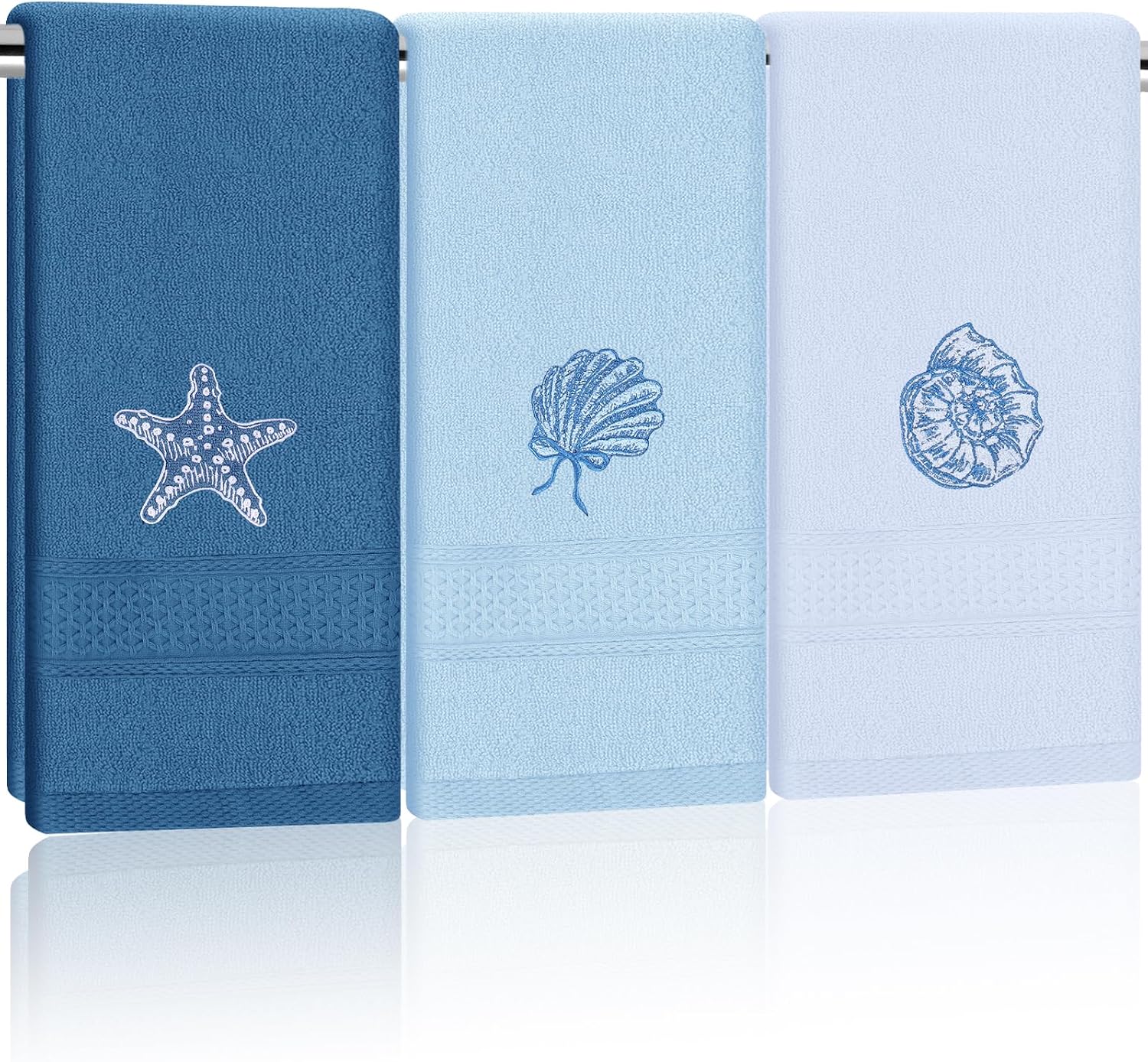 Whaline 3Pcs Summer Coastal Hand Towels 3D Embroidered 100% Cotton Bath Towels Blue Starfish Seashell Conch Dish Towel for Ocean Beach Home Kitchen Bathroom Drying Cleaning, 29.5 x 13.8 Inch