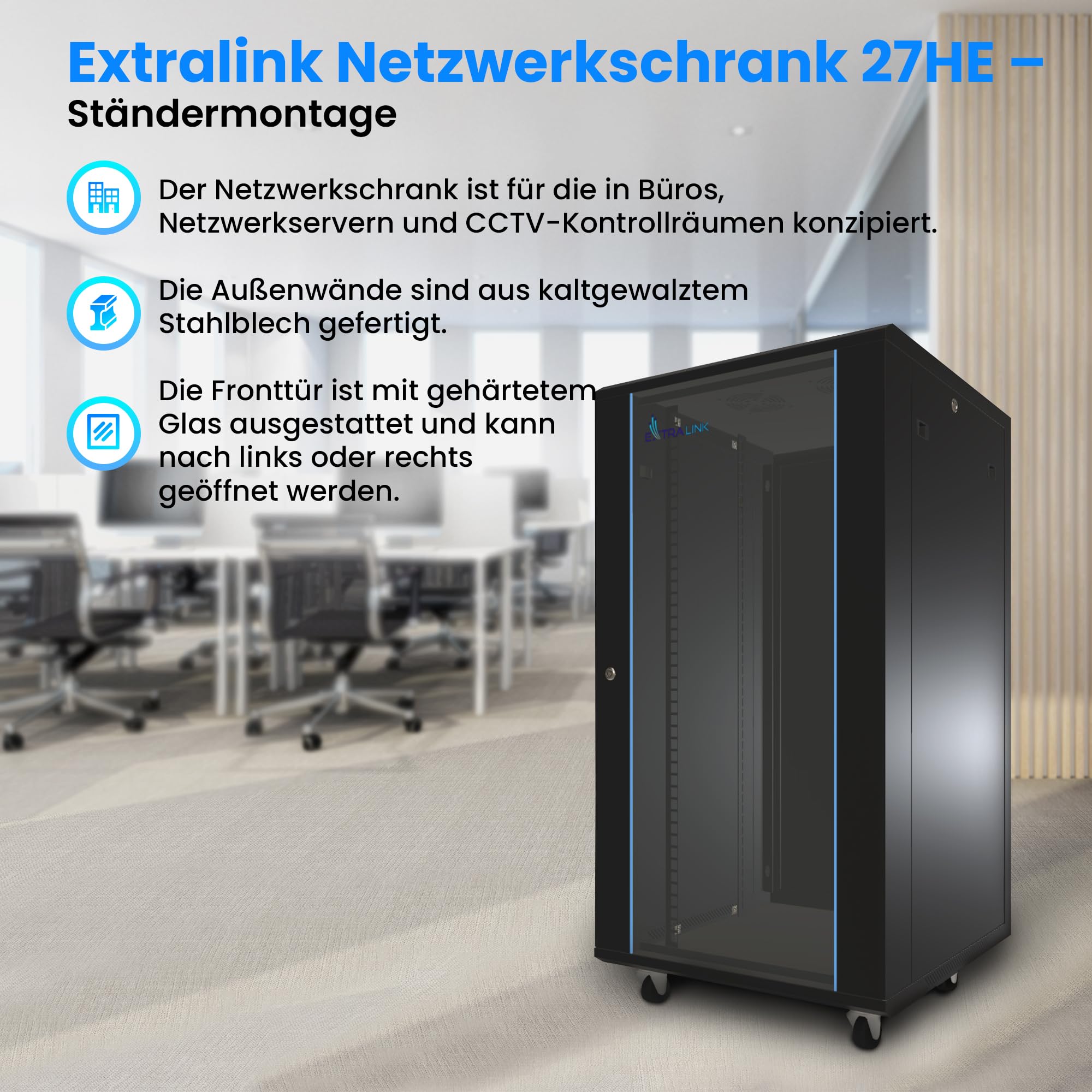 Extralink Baie de Brassage Rack 19 Pouces 27U 600x1000 – Autoportante, Panneaux Latéraux Amovibles, Verre Trempé – à Monter Soi-Même – pour Commutateurs, Onduleurs et Serveurs – Noire